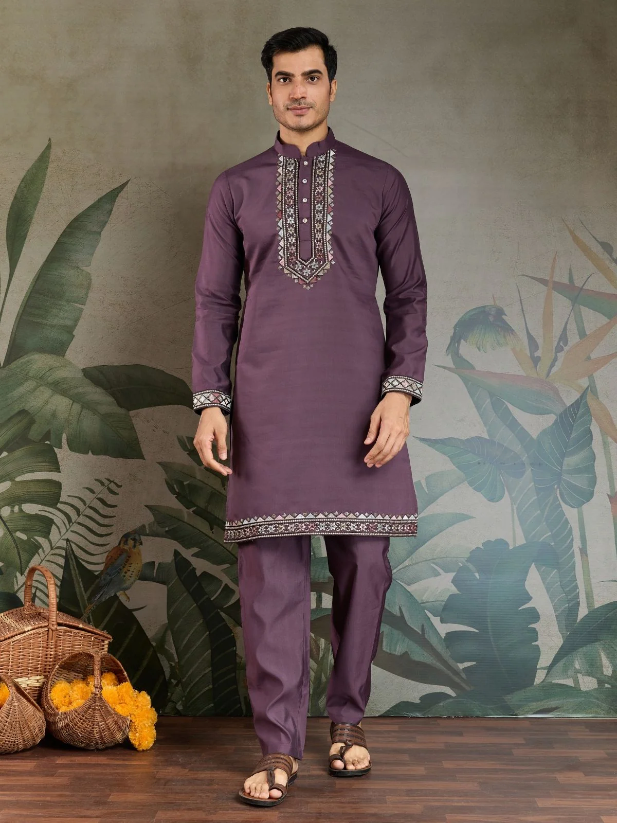 Odette Purple Viscose Silk Embroidered Stitched Kurta Set For Men - Image 4