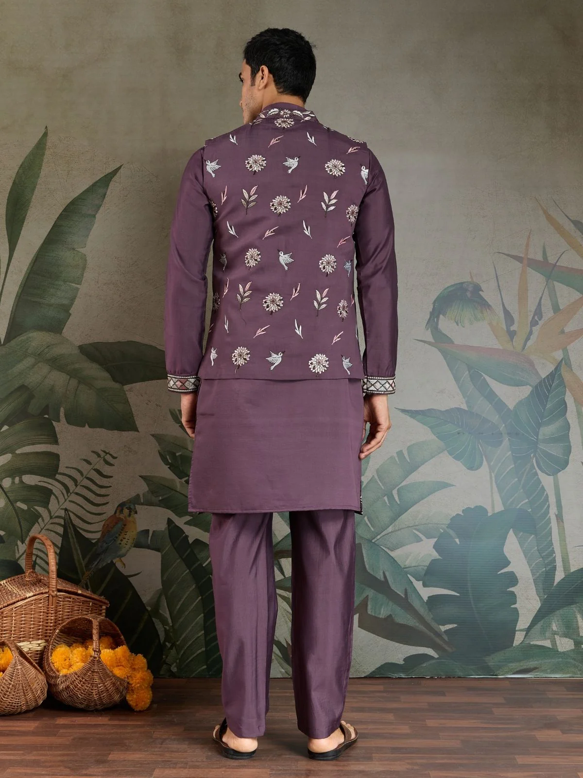 Odette Purple Viscose Silk Embroidered Stitched Kurta Set For Men - Image 5