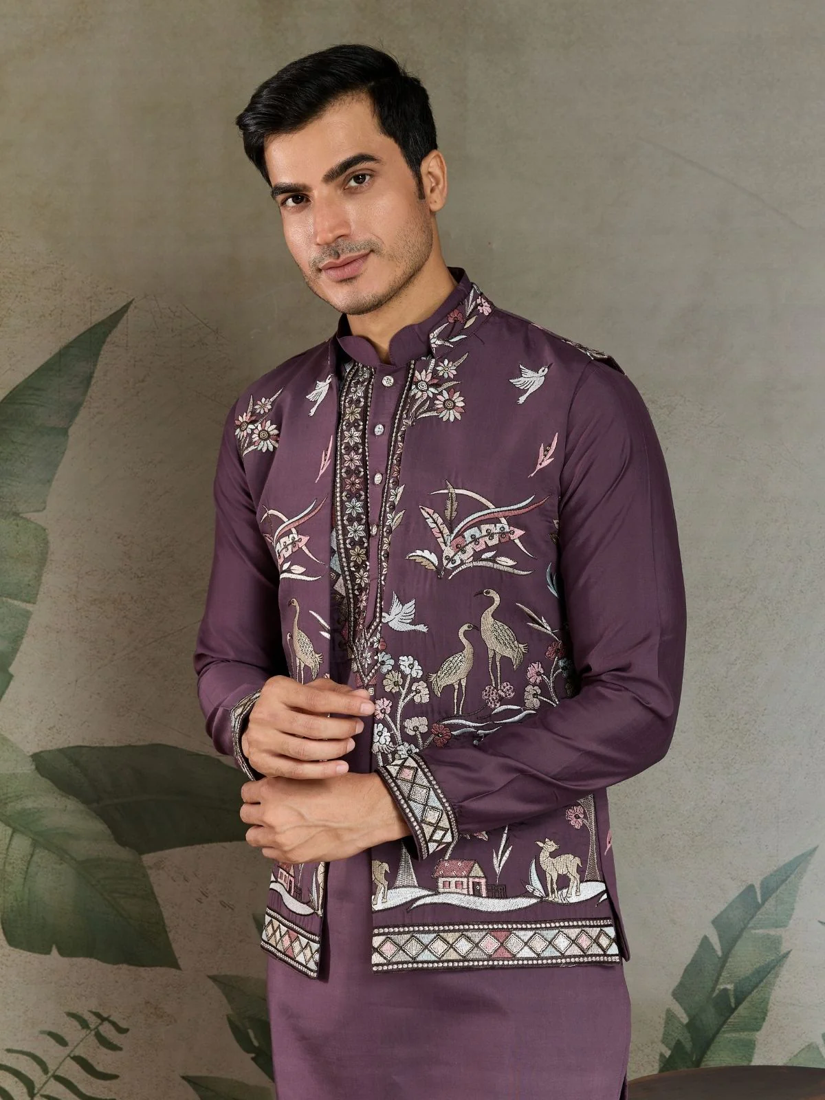 Odette Purple Viscose Silk Embroidered Stitched Kurta Set For Men - Image 8