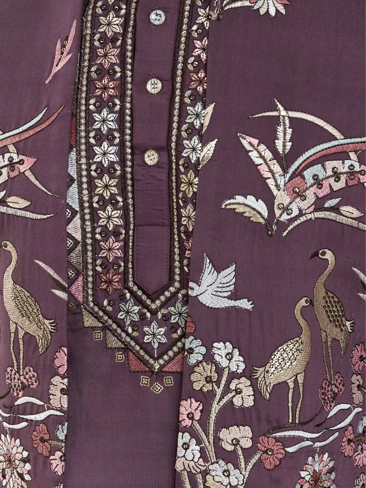 Odette Purple Viscose Silk Embroidered Stitched Kurta Set For Men - Image 9