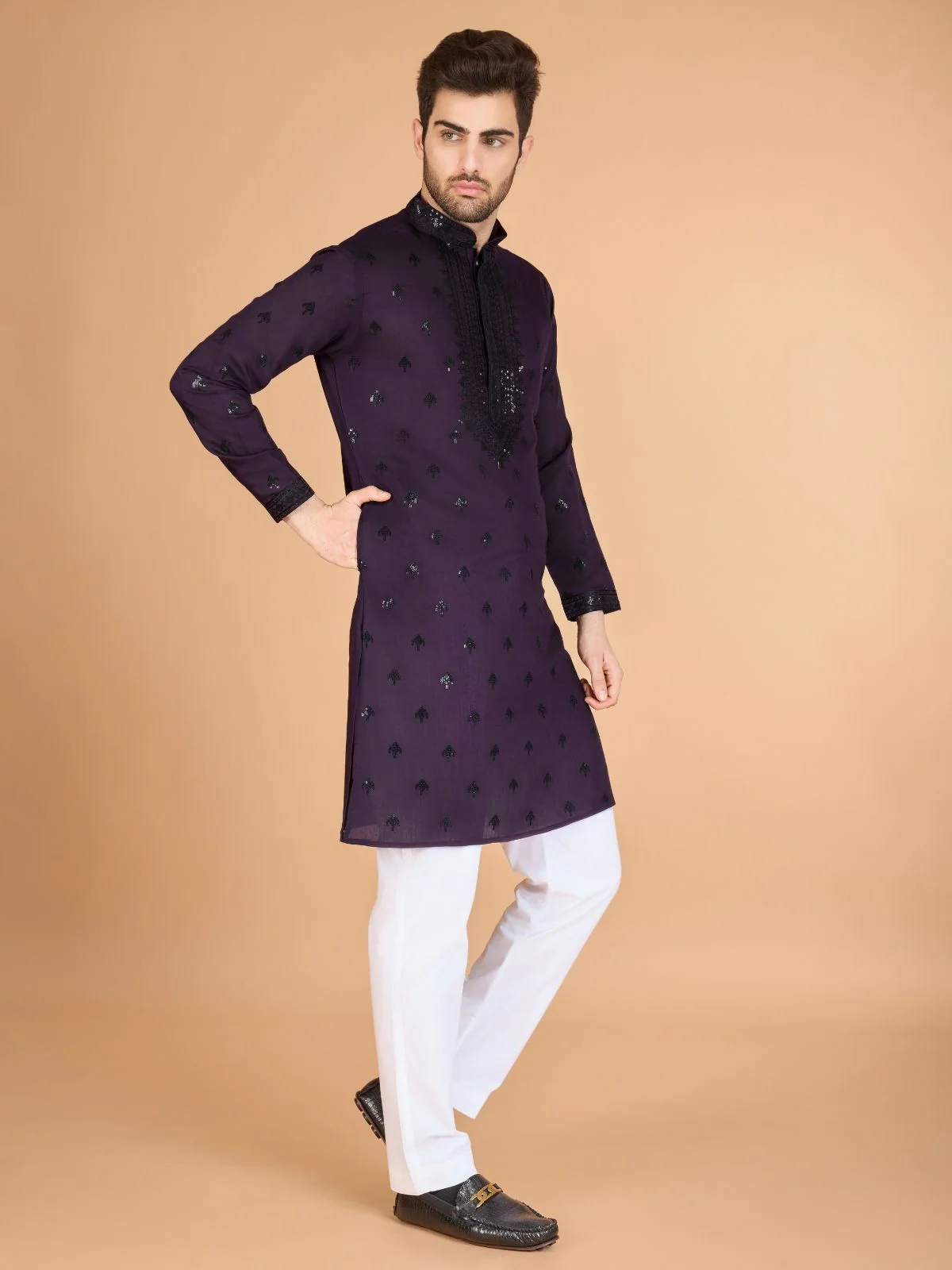 Odette Purple Viscose Silk Sequence Stitched Kurta For Men - Image 4
