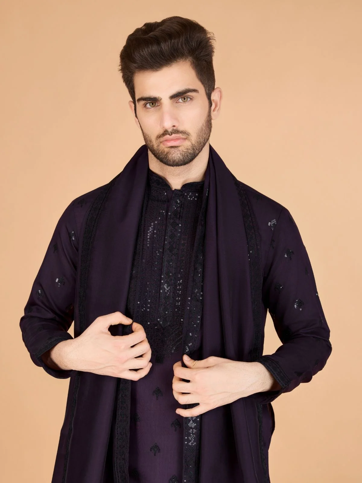 Odette Purple Viscose Silk Sequence Stitched Kurta For Men - Image 6