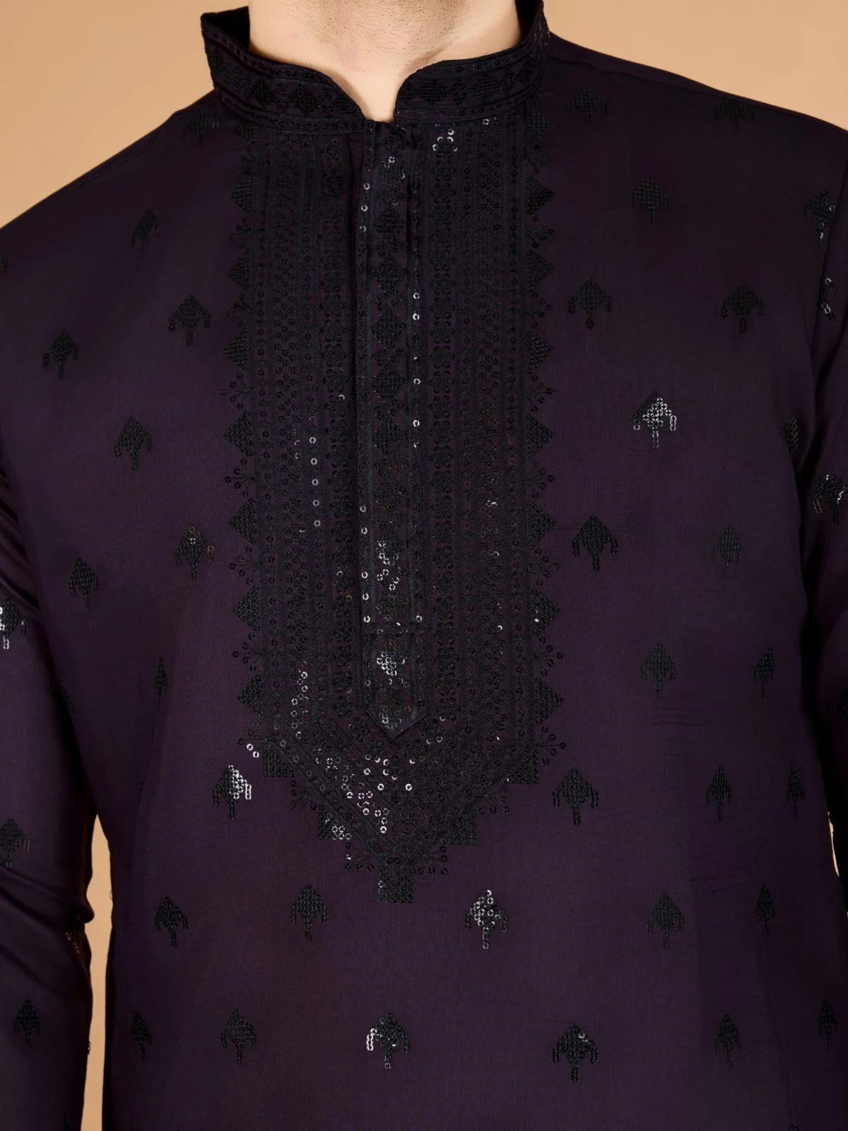 Odette Purple Viscose Silk Sequence Stitched Kurta For Men - Image 7