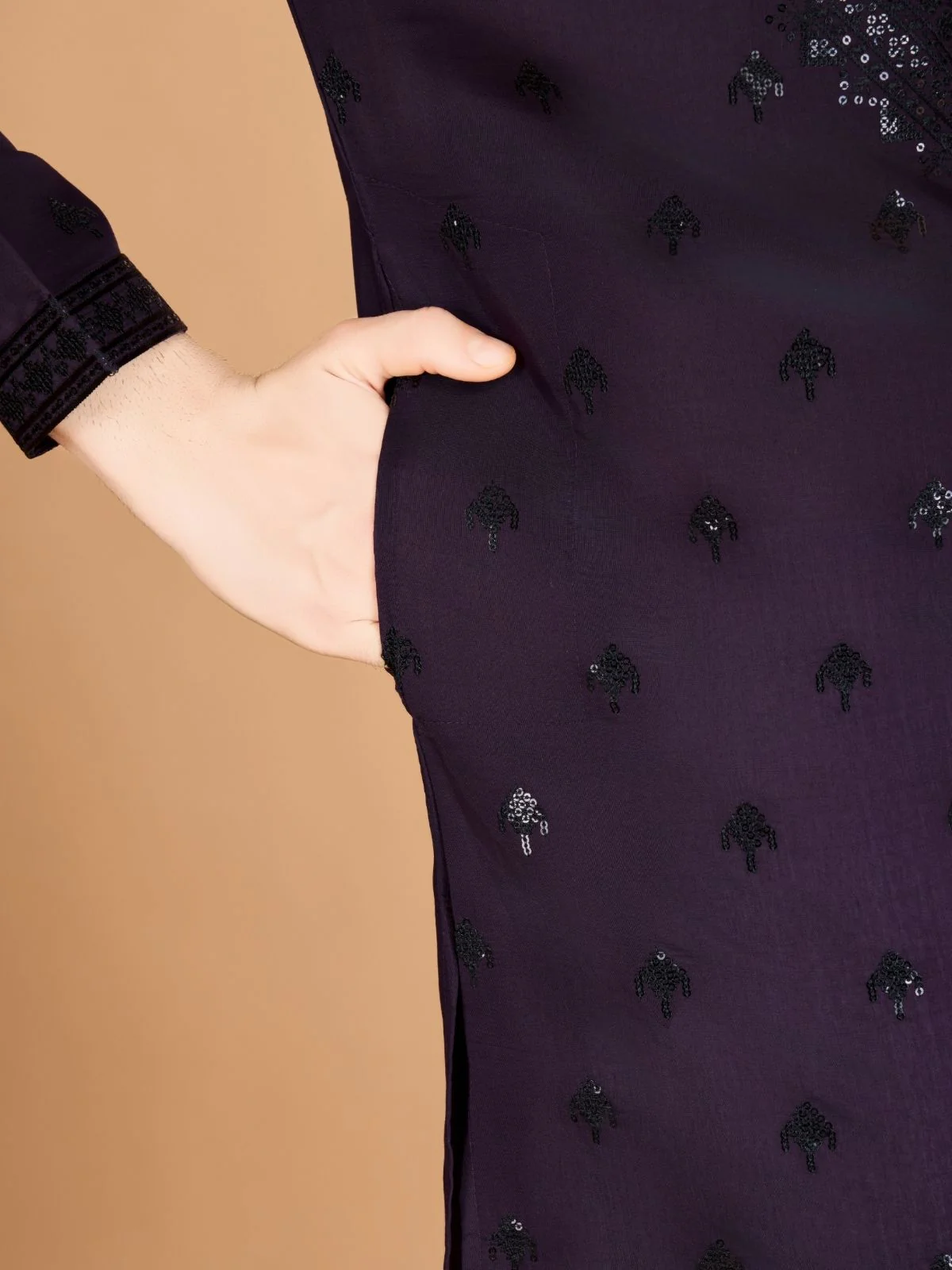 Odette Purple Viscose Silk Sequence Stitched Kurta For Men - Image 8