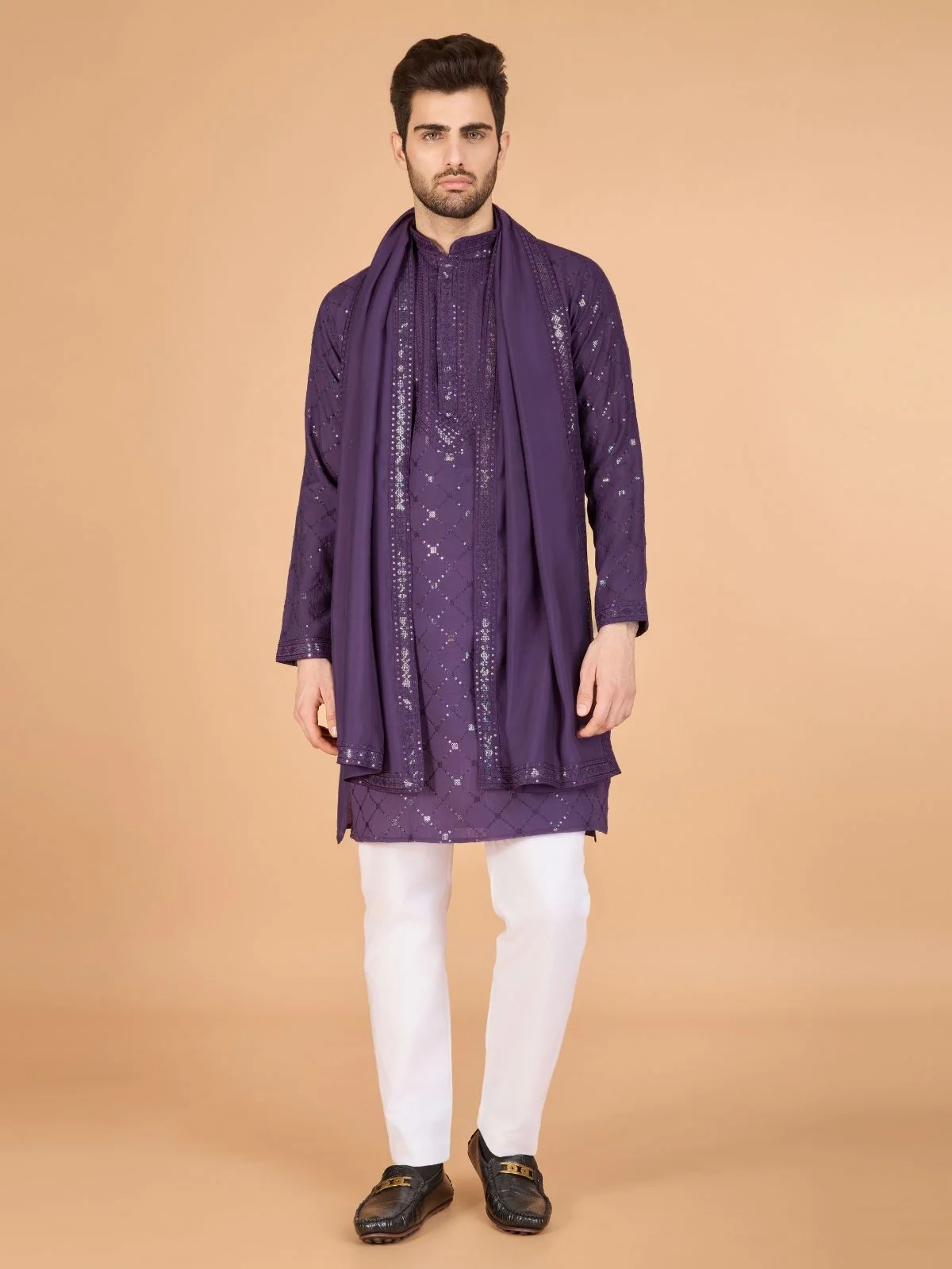 Odette Purple Viscose Silk Sequins Stitched Kurta For Men - Image 2