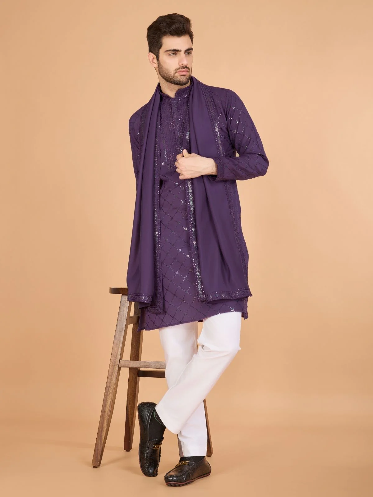 Odette Purple Viscose Silk Sequins Stitched Kurta For Men - Image 3