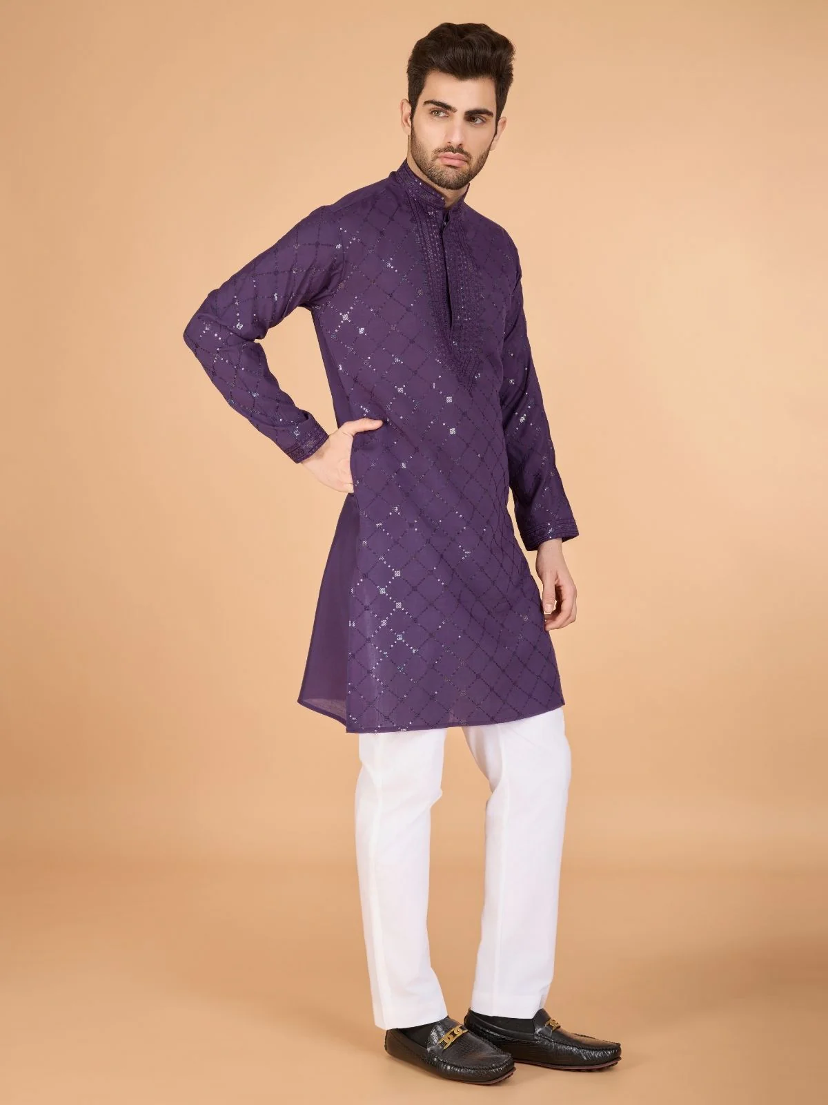 Odette Purple Viscose Silk Sequins Stitched Kurta For Men - Image 4