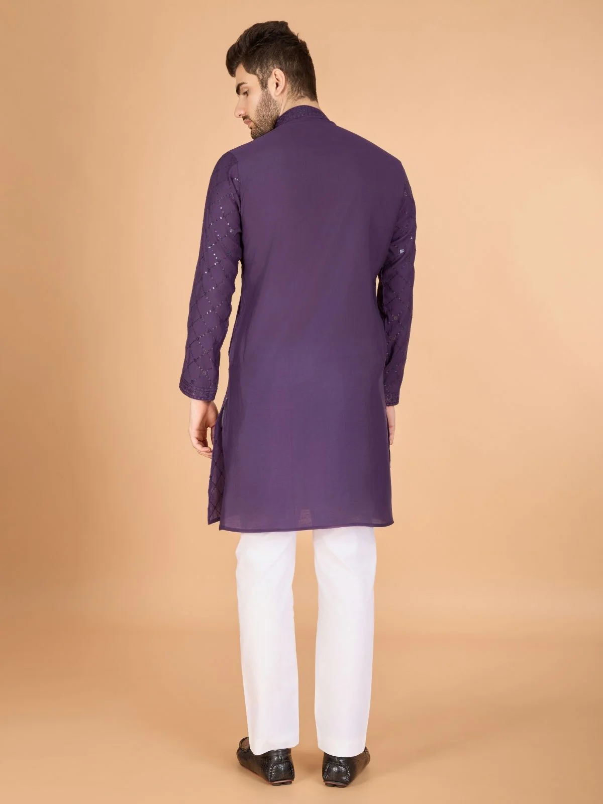 Odette Purple Viscose Silk Sequins Stitched Kurta For Men - Image 5