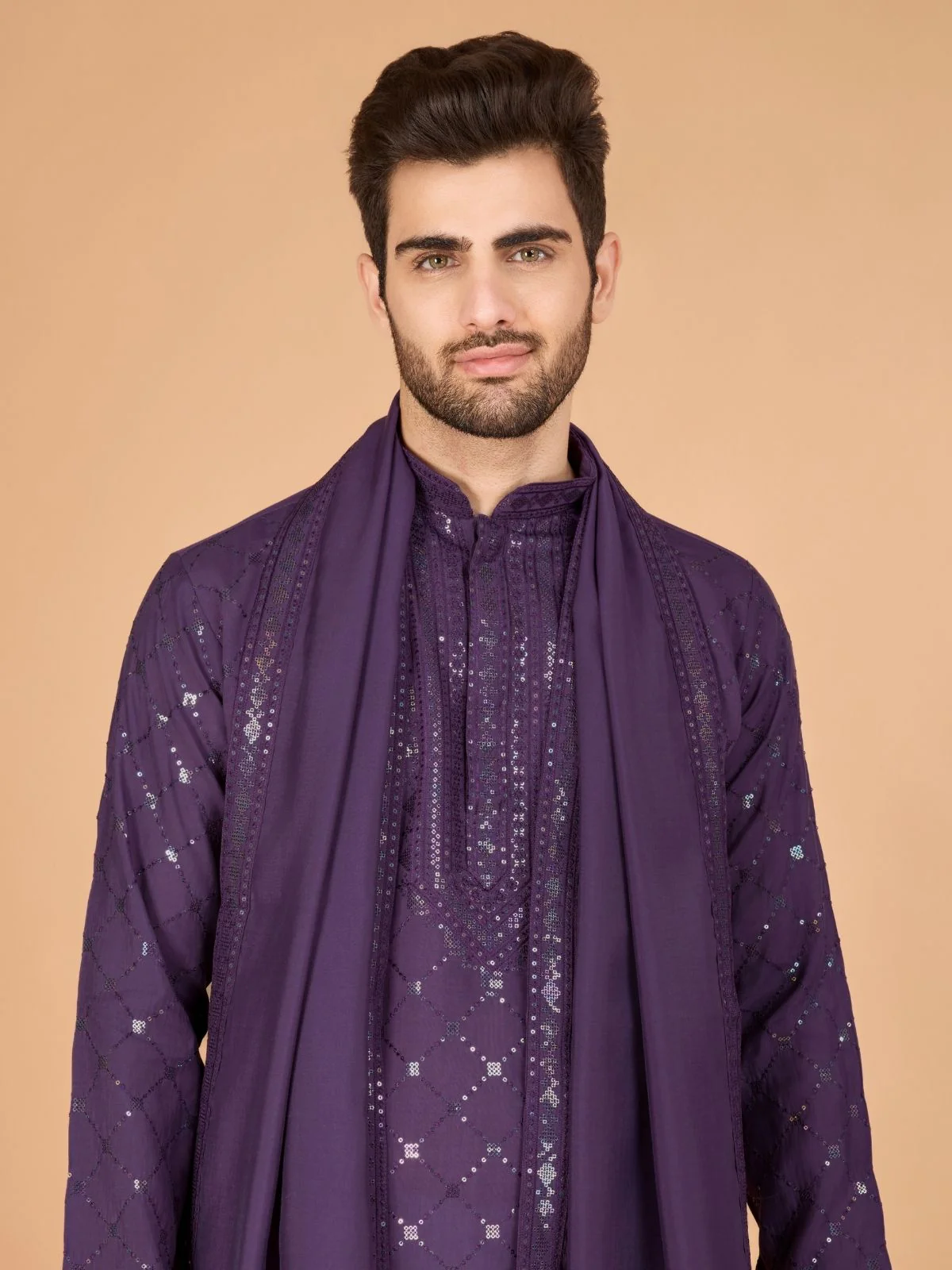 Odette Purple Viscose Silk Sequins Stitched Kurta For Men - Image 6