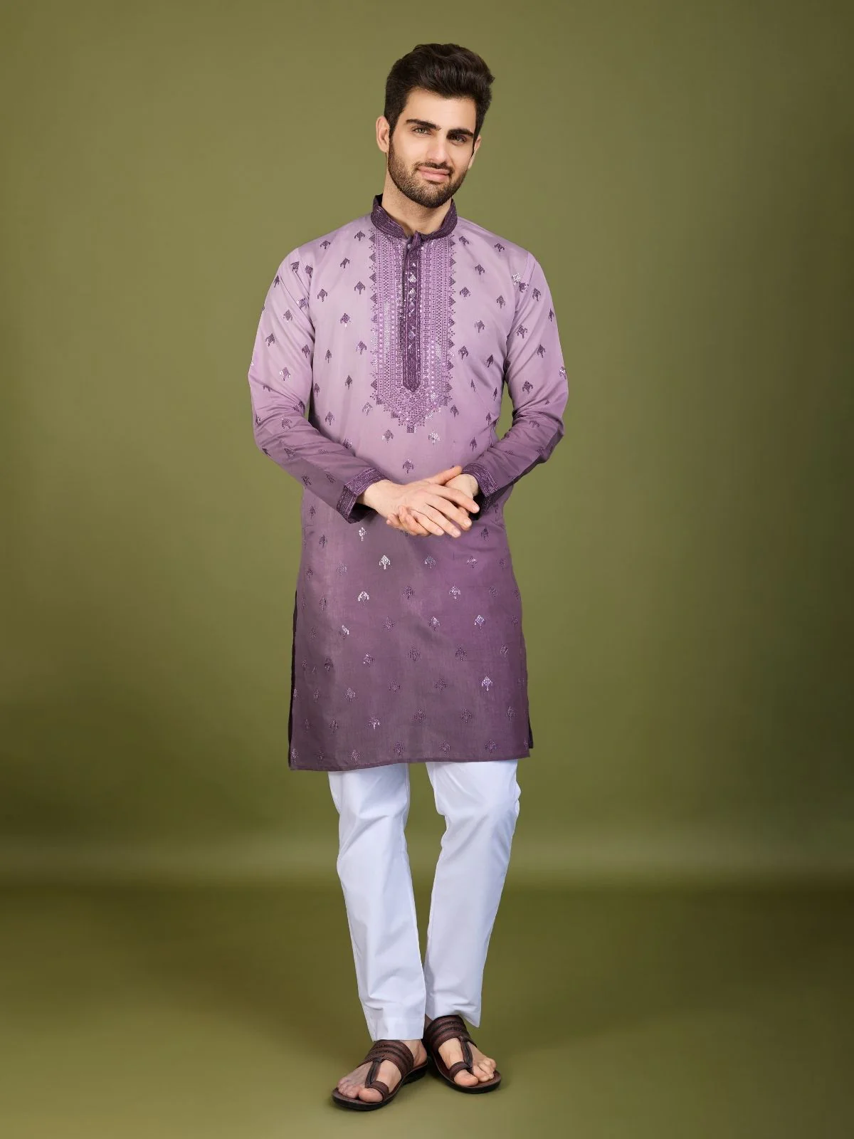 Odette Purple Viscose Silk Sequins Stitched Kurta For Men