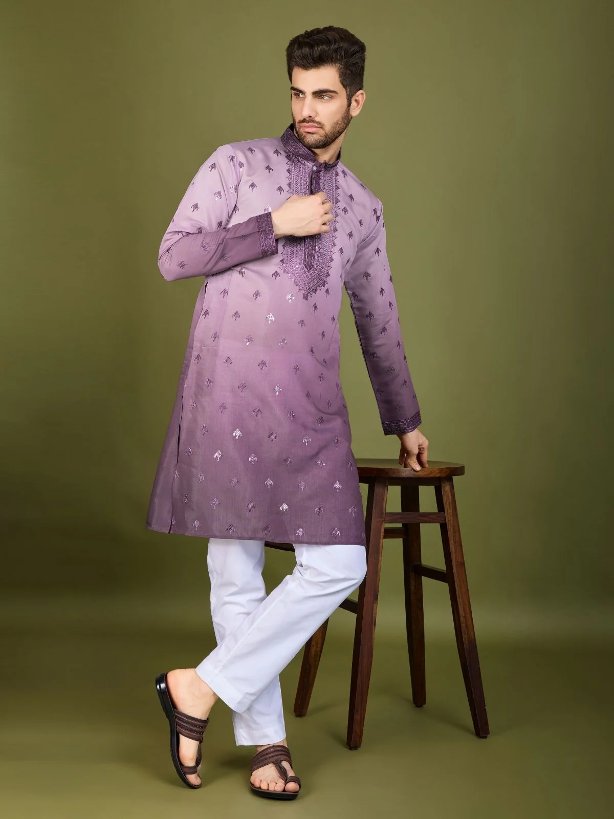 Odette Purple Viscose Silk Sequins Stitched Kurta For Men - Image 2