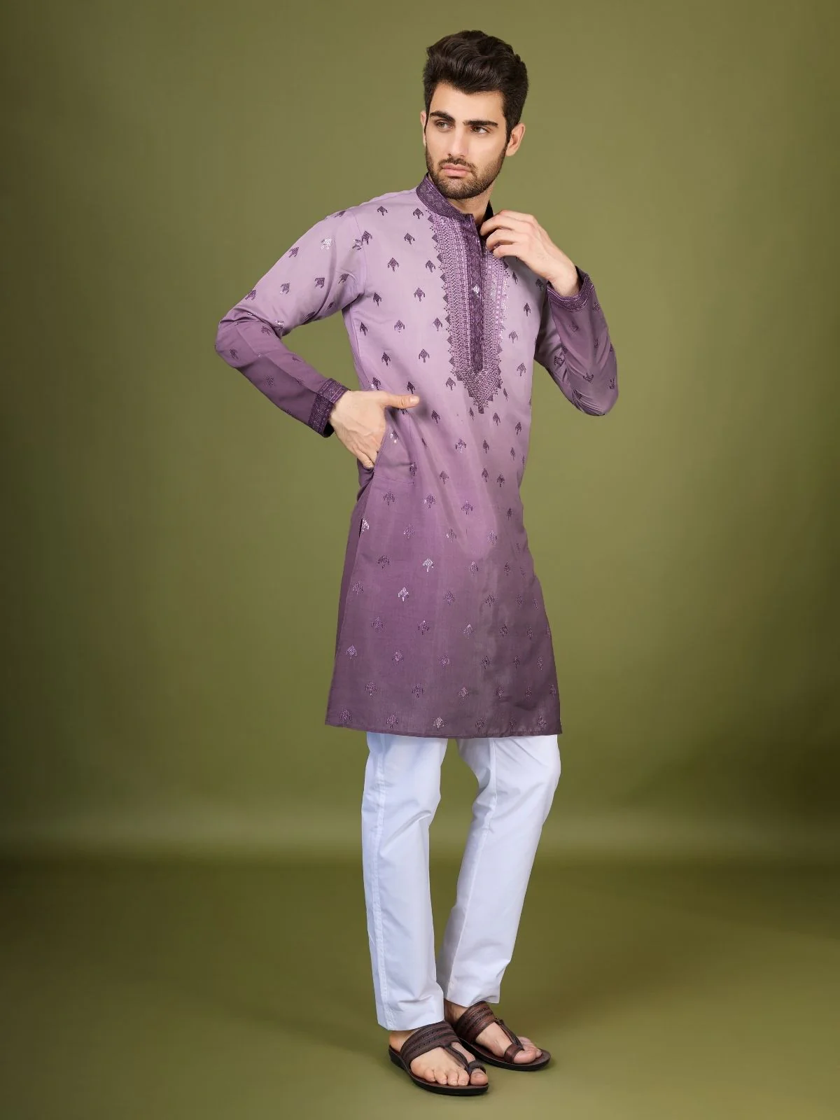 Odette Purple Viscose Silk Sequins Stitched Kurta For Men - Image 3