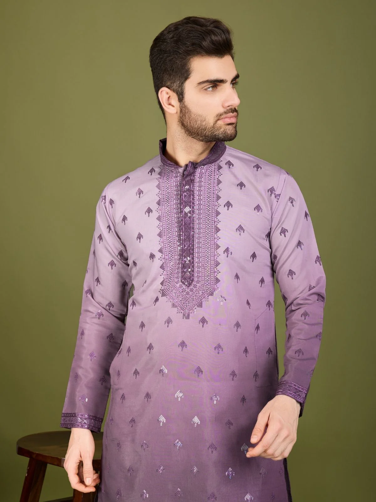 Odette Purple Viscose Silk Sequins Stitched Kurta For Men - Image 5