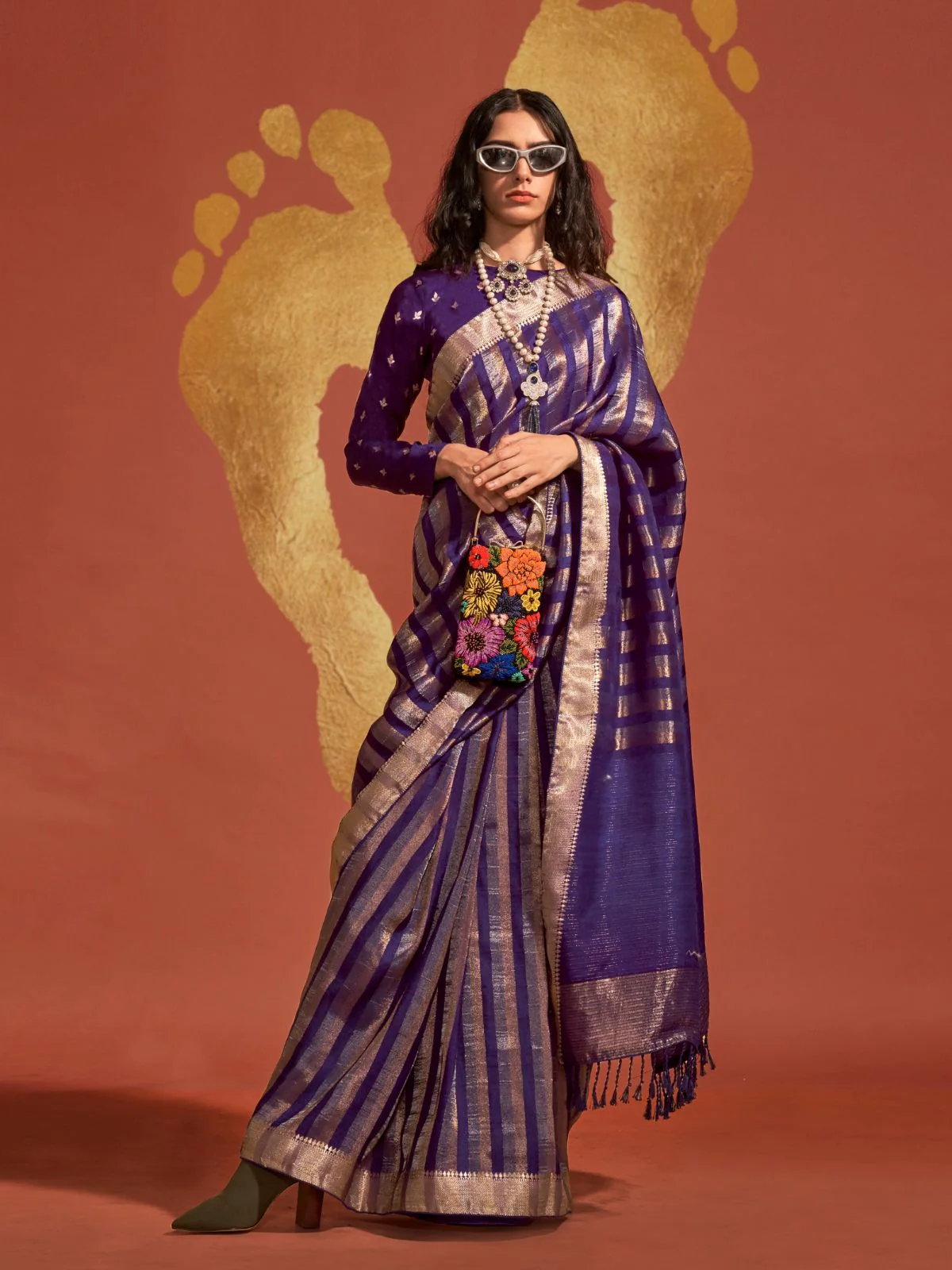 Odette Purple Viscose Woven Saree With Unstitched Blouse For Women