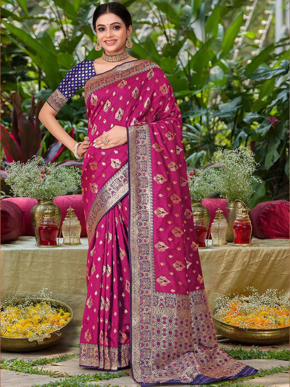 Odette Purple Woven Banarasi Silk Saree With Unstitched Blouse For Women