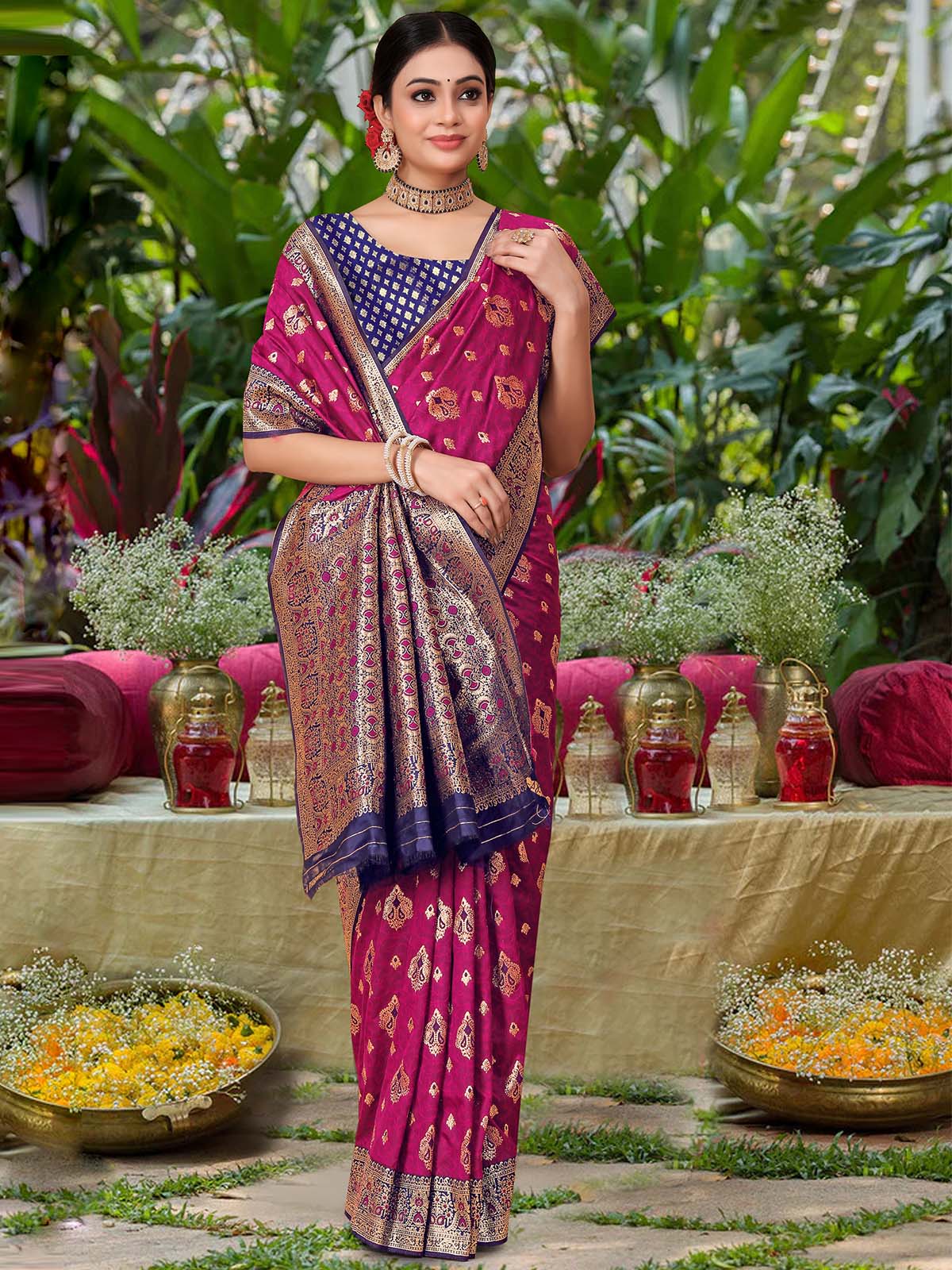 Odette Purple Woven Banarasi Silk Saree With Unstitched Blouse For Women - Image 2