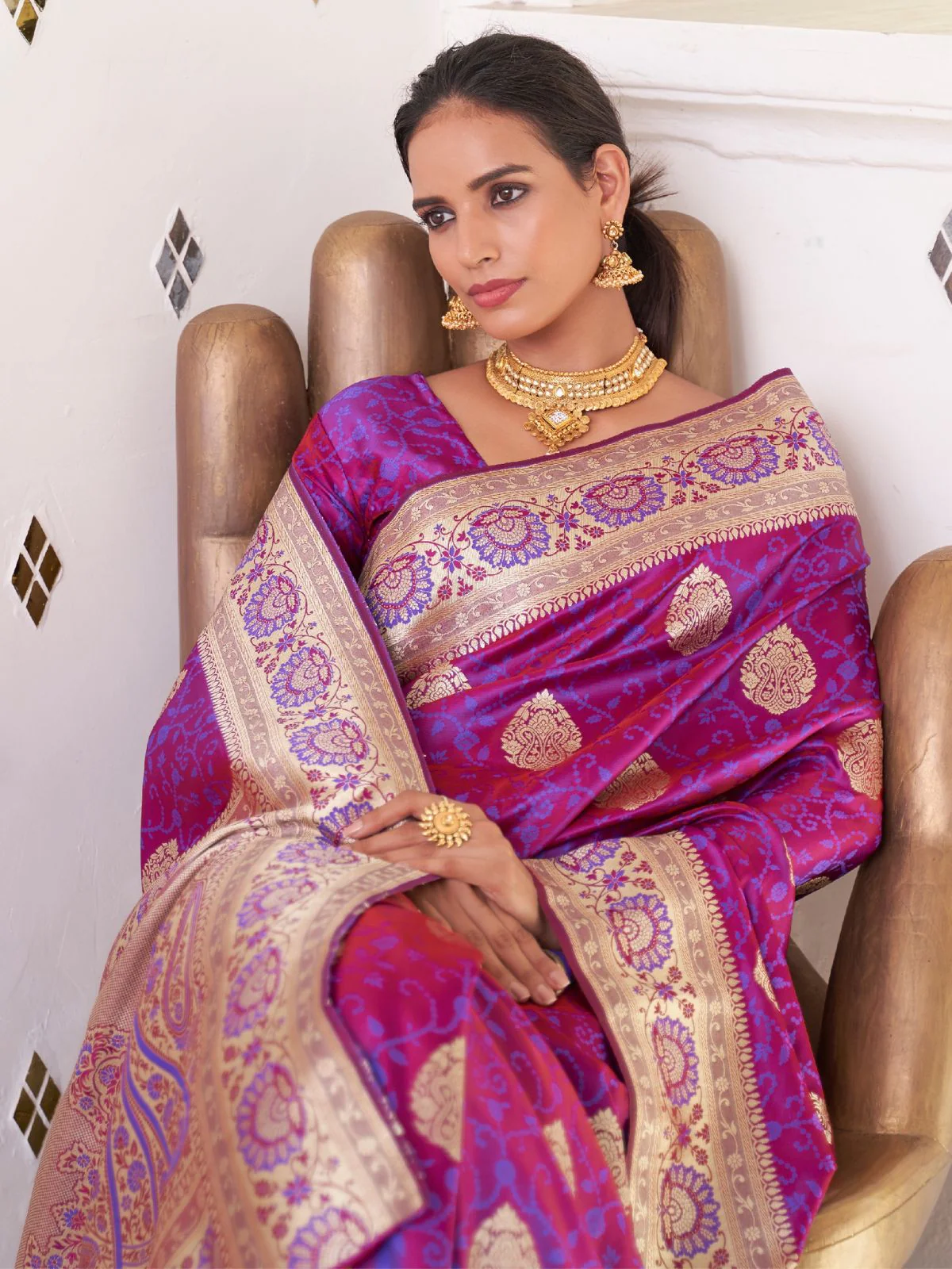 Odette Purple Woven Design Satin Silk Saree With Unstitched Blouse For Women - Image 2