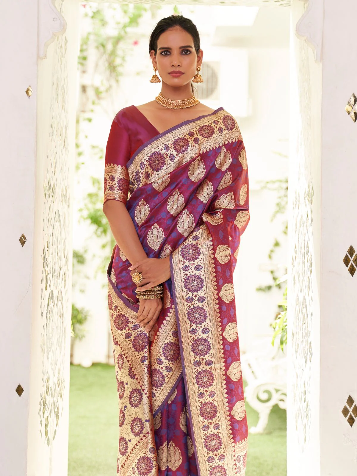 Odette Purple Woven Design Satin Silk Saree With Unstitched Blouse For Women - Image 2