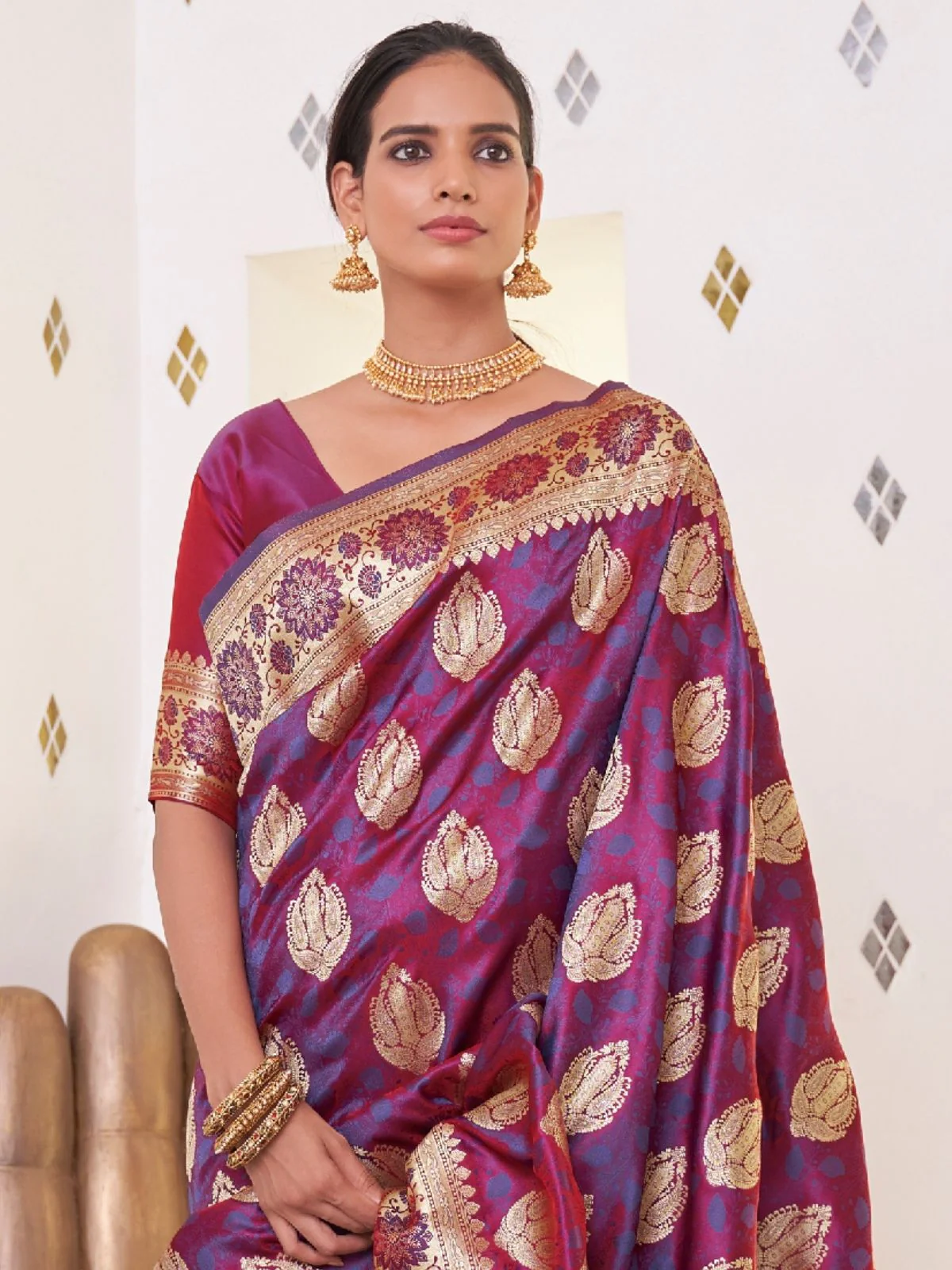 Odette Purple Woven Design Satin Silk Saree With Unstitched Blouse For Women - Image 3