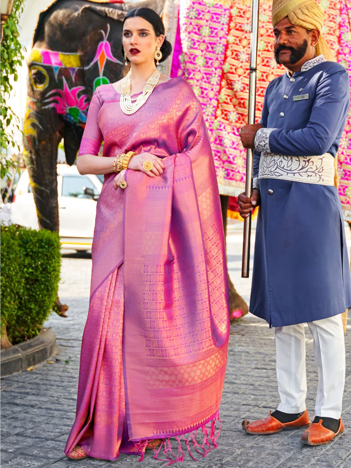 Odette Purple Woven Design Silk Blend Saree With Unstitched Blouse For Women