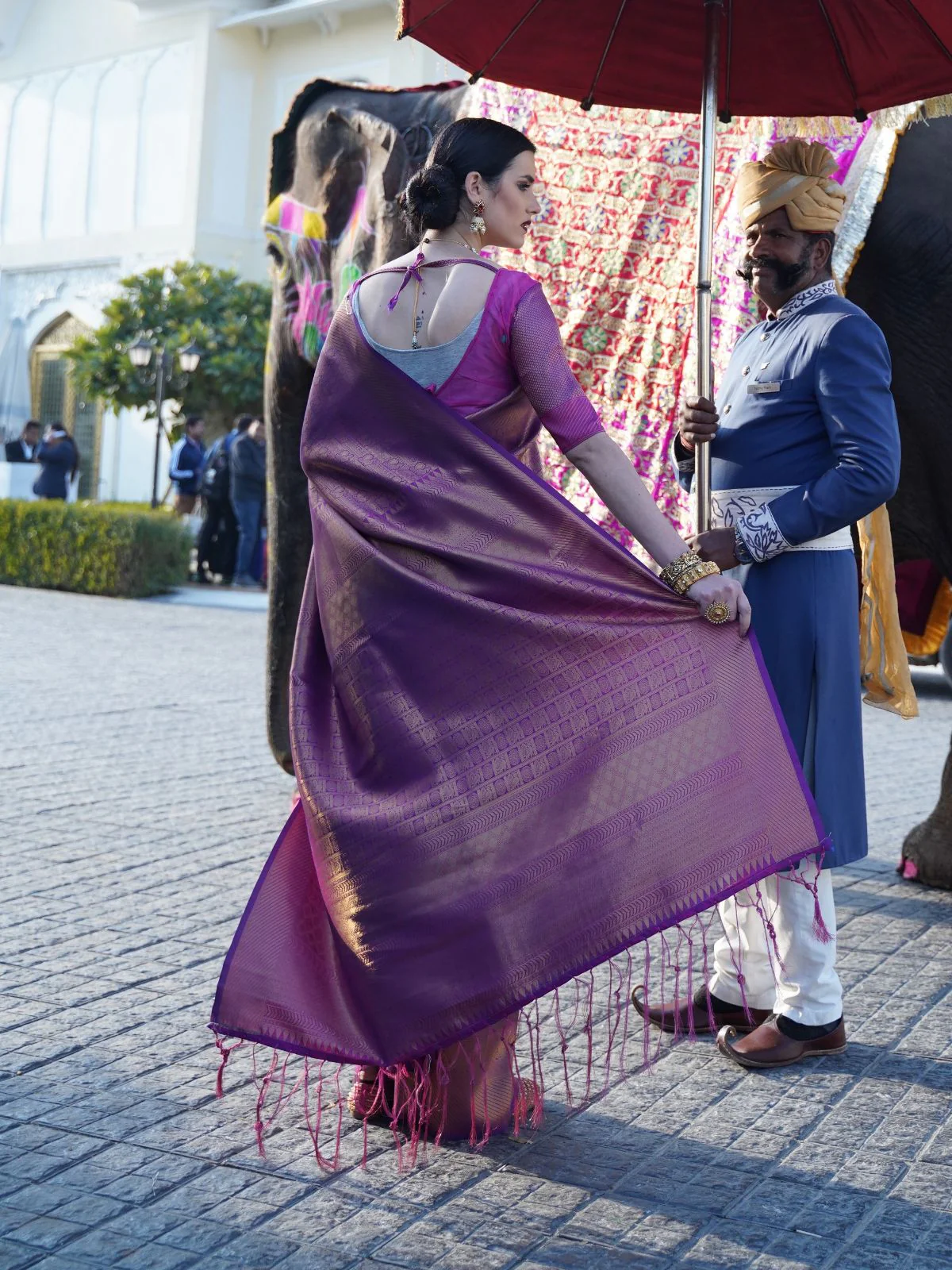 Odette Purple Woven Design Silk Blend Saree With Unstitched Blouse For Women - Image 3