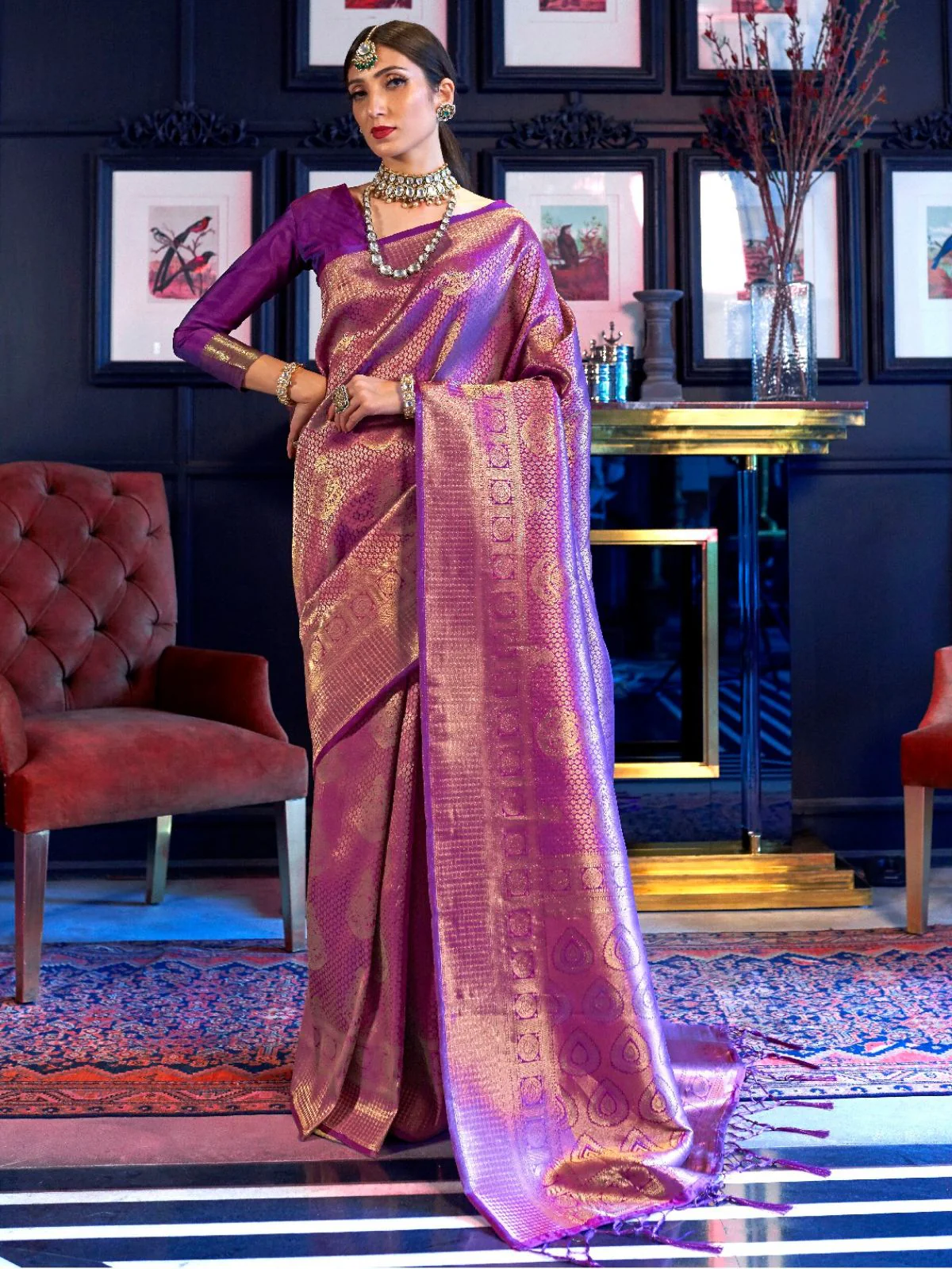 Odette Purple Woven Design Silk Blend Saree With Unstitched Blouse For Women