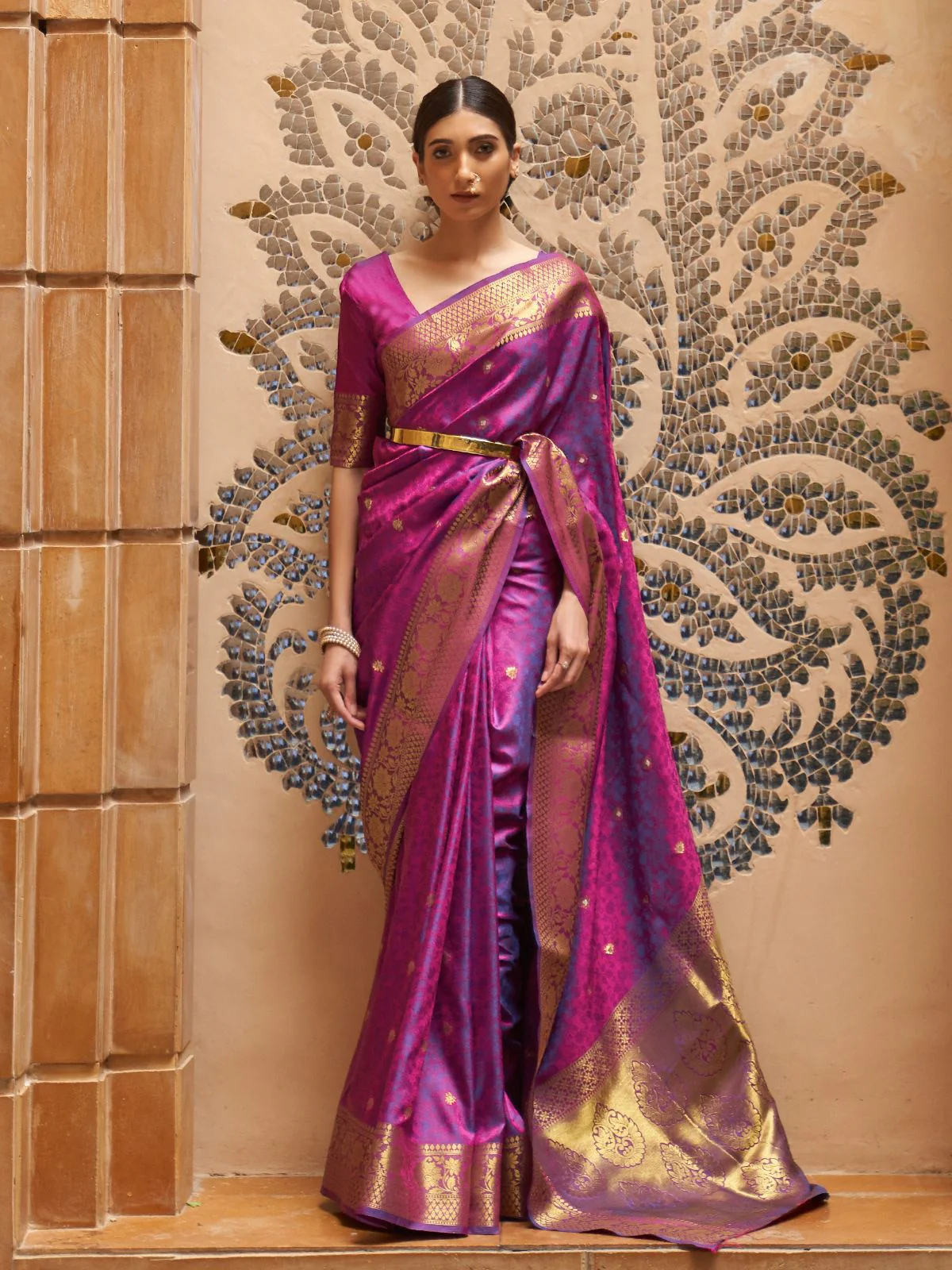 Odette Purple Woven Design Silk Blend Saree With Unstitched Blouse For Women