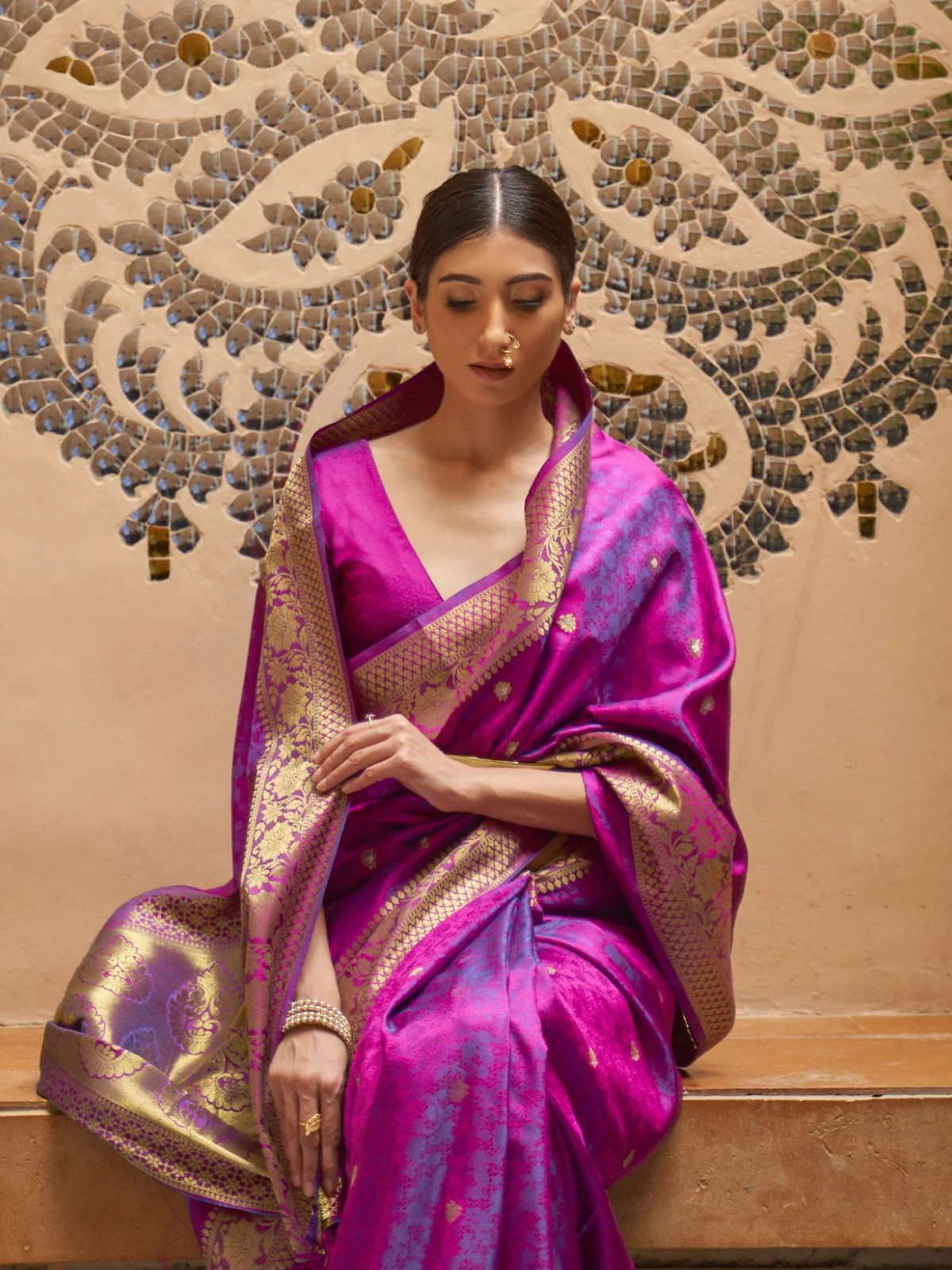 Odette Purple Woven Design Silk Blend Saree With Unstitched Blouse For Women - Image 2
