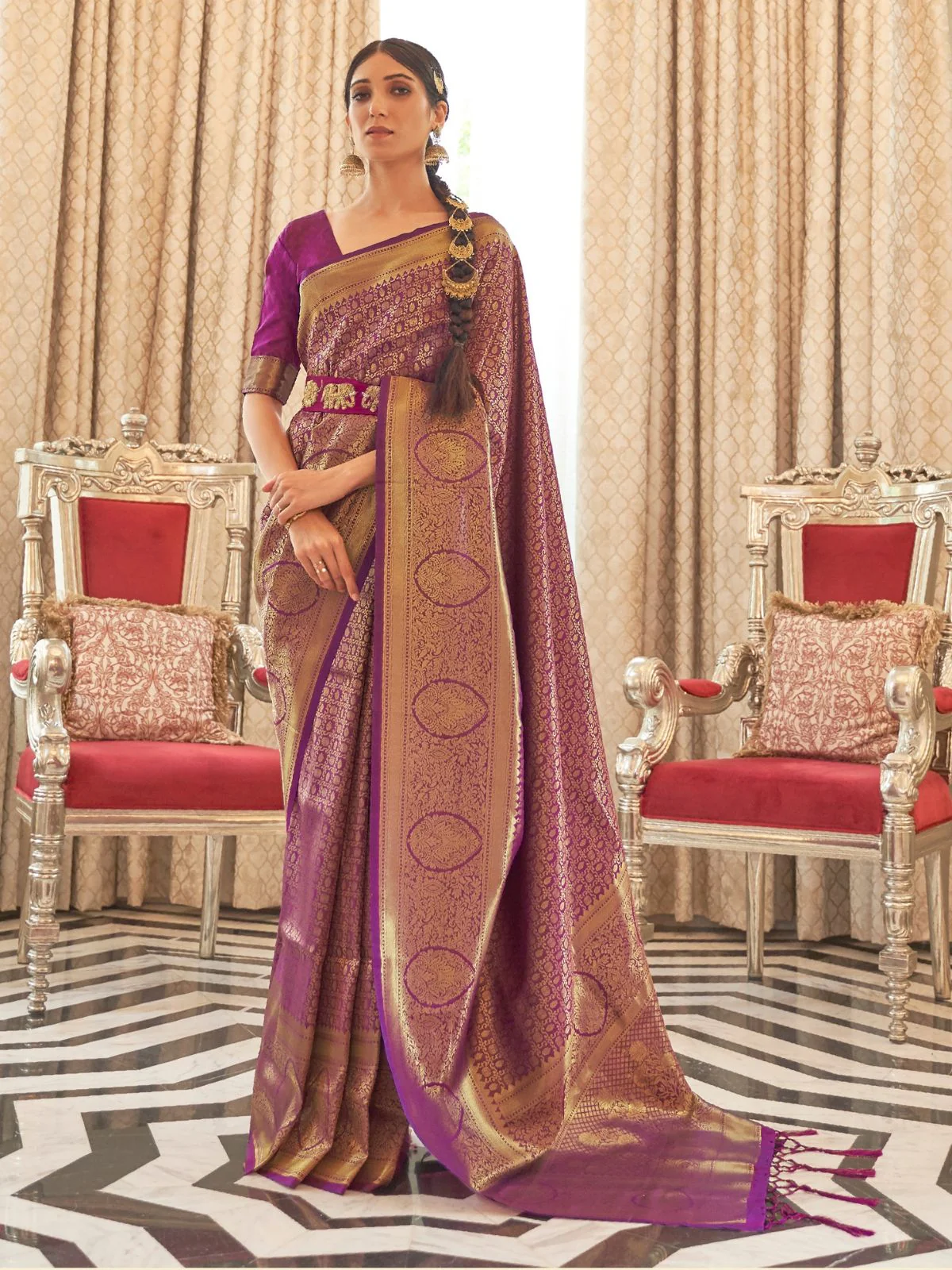 Odette Purple Woven Design Silk Blend Saree With Unstitched Blouse For Women