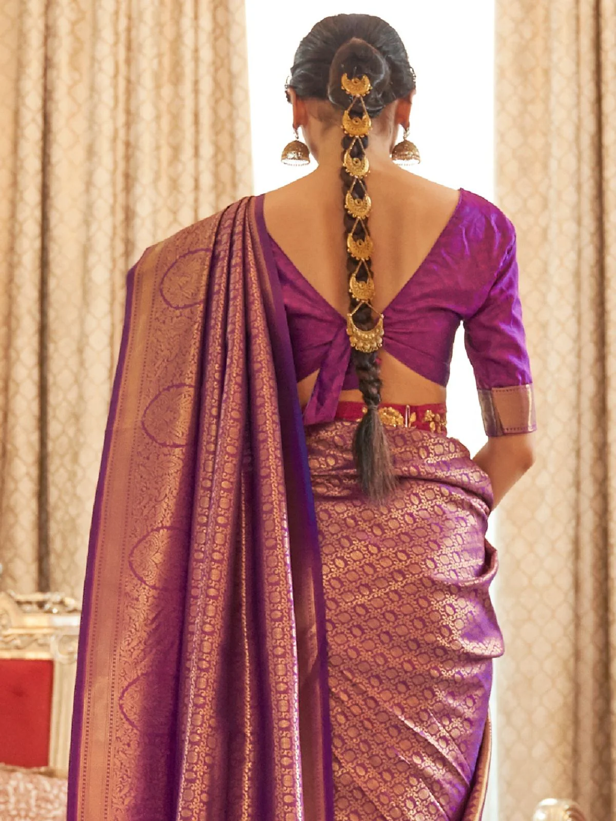 Odette Purple Woven Design Silk Blend Saree With Unstitched Blouse For Women - Image 3