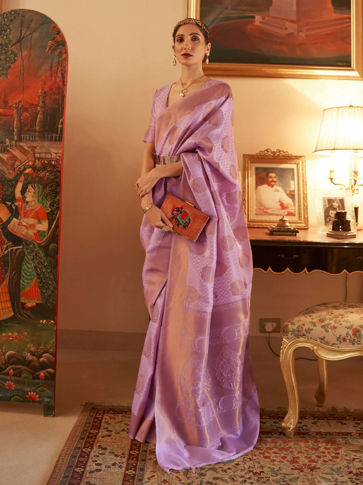 Odette Purple Woven Design Silk Blend Saree With Unstitched Blouse For Women