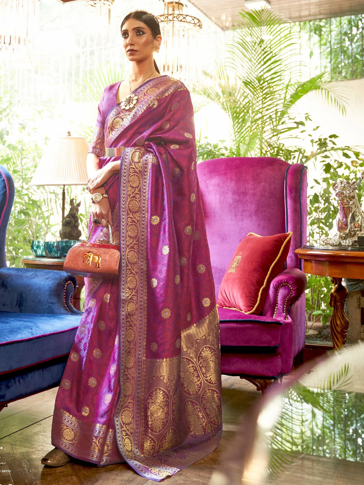 Odette Purple Woven Design Silk Blend Saree With Unstitched Blouse For Women
