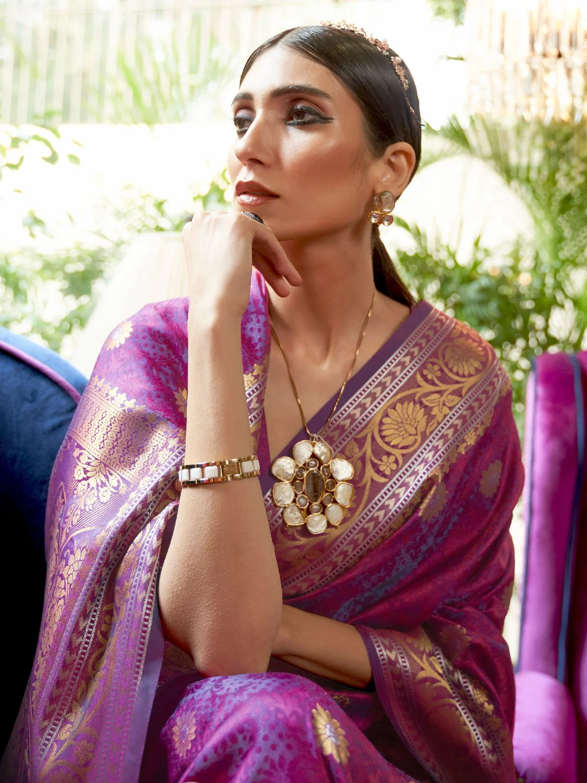 Odette Purple Woven Design Silk Blend Saree With Unstitched Blouse For Women - Image 2