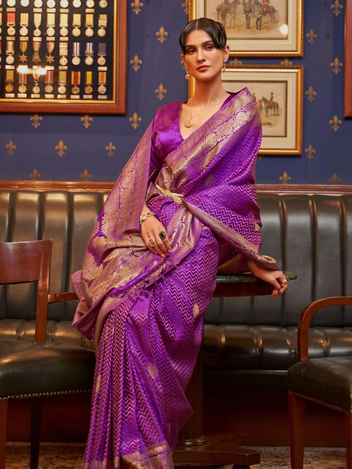 Odette Purple Woven Design Silk Blend Saree With Unstitched Blouse For Women - Image 2
