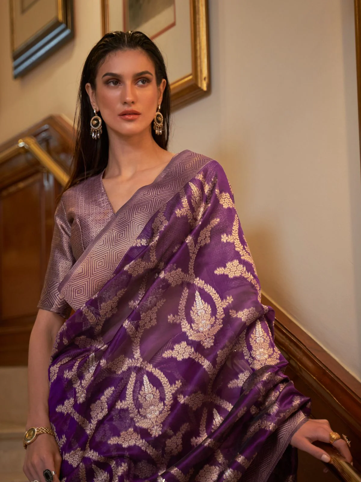 Odette Purple Woven Design Silk Blend Saree With Unstitched Blouse For Women - Image 2