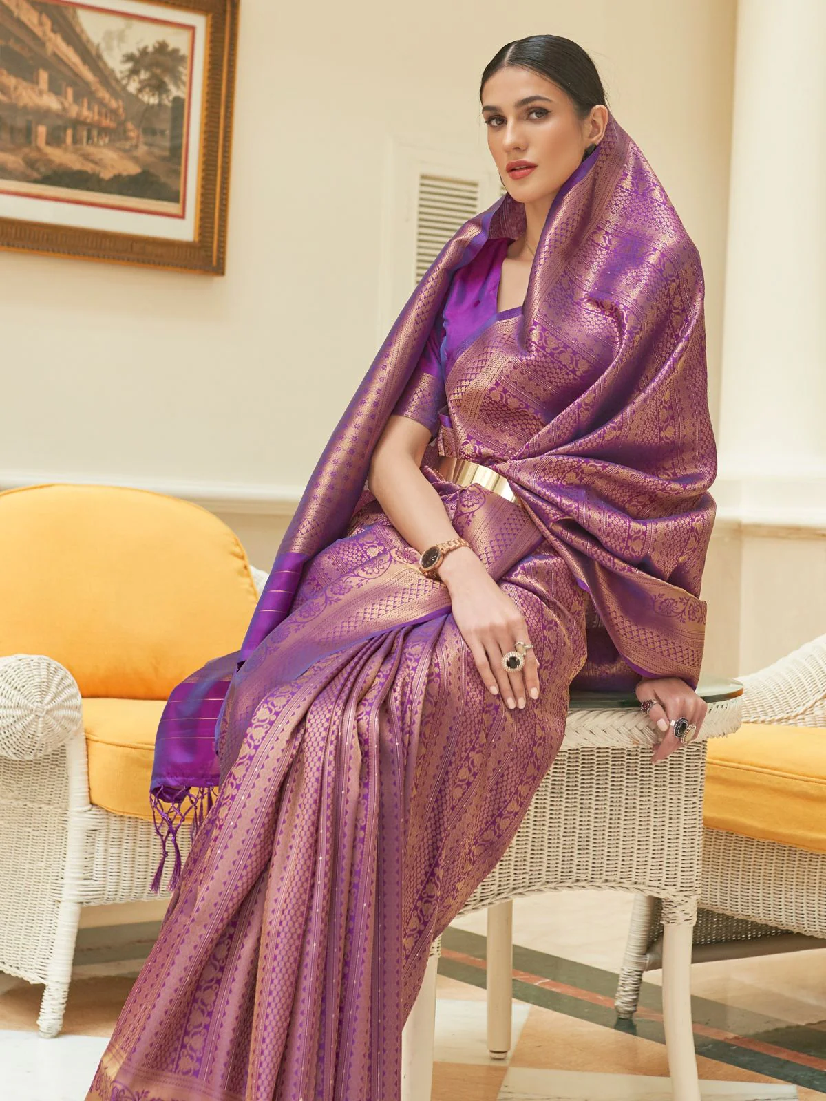 Odette Purple Woven Design Silk Blend Saree With Unstitched Blouse For Women - Image 2
