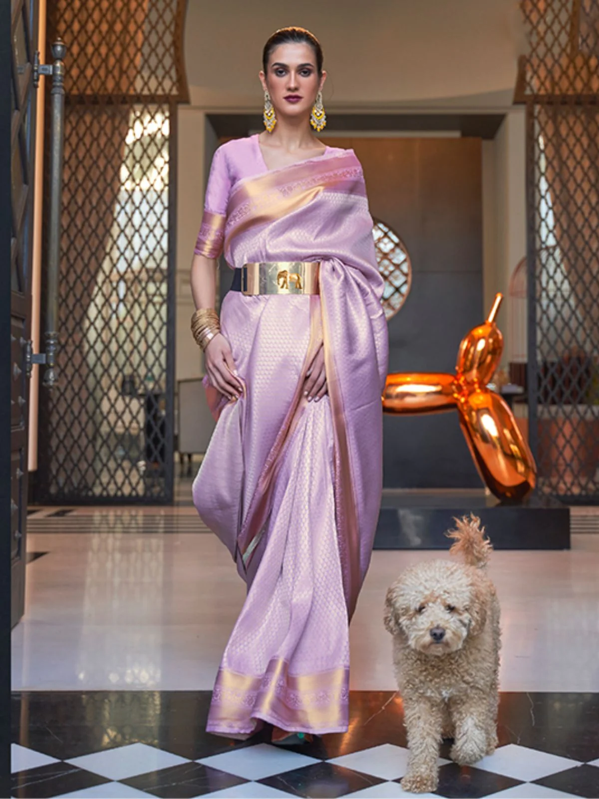 Odette Purple Woven Design Silk Blend Saree With Unstitched Blouse For Women