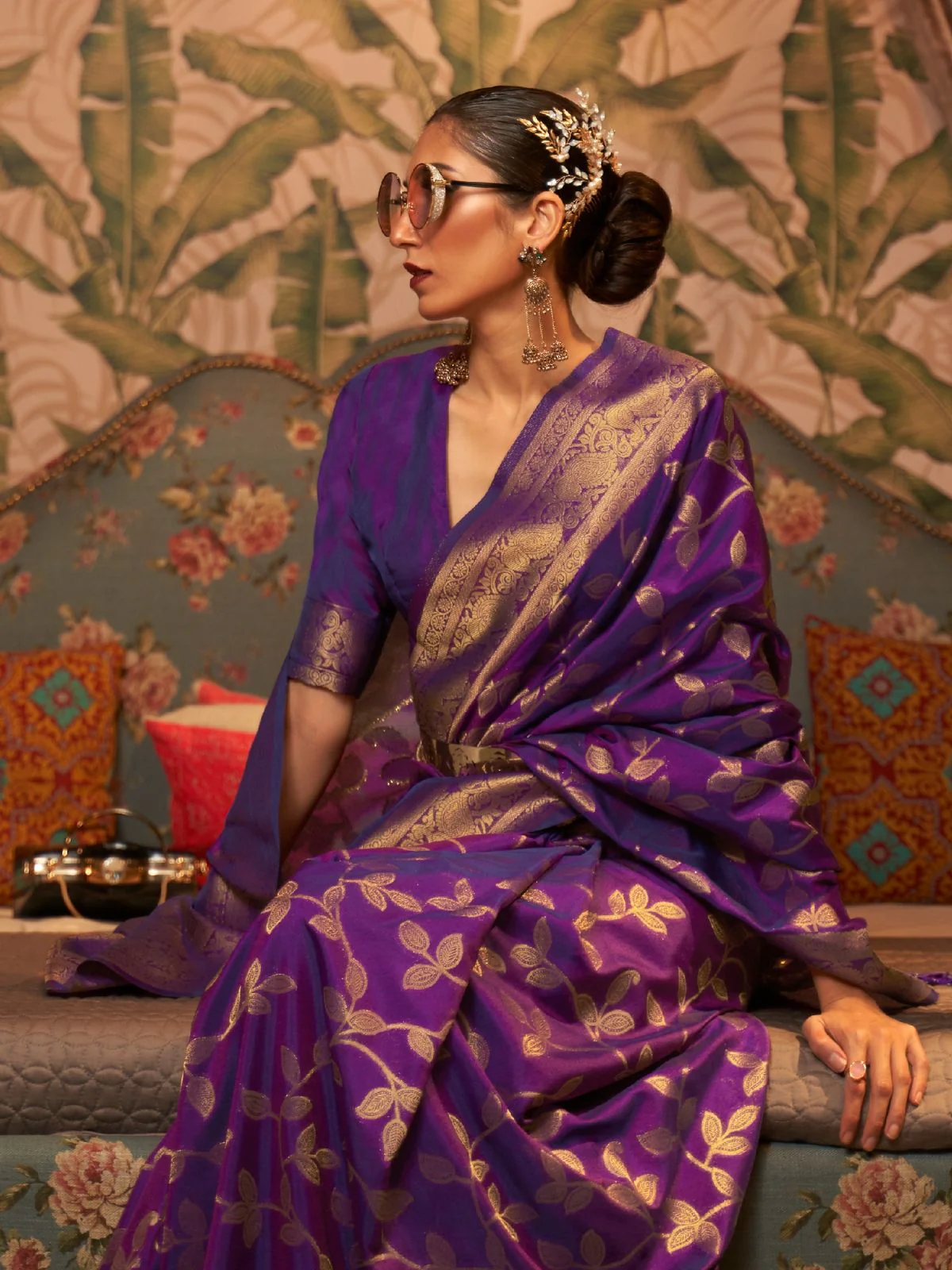 Odette Purple Woven Design Silk Blend Saree With Unstitched Blouse For Women - Image 2