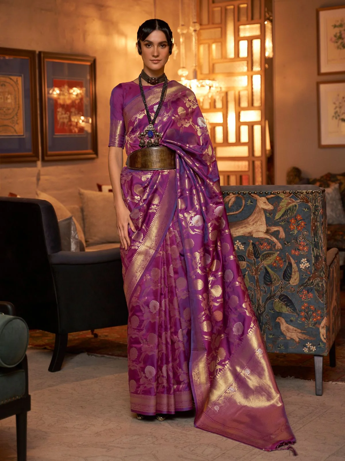 Odette Purple Woven Design Silk Blend Saree With Unstitched Blouse For Women