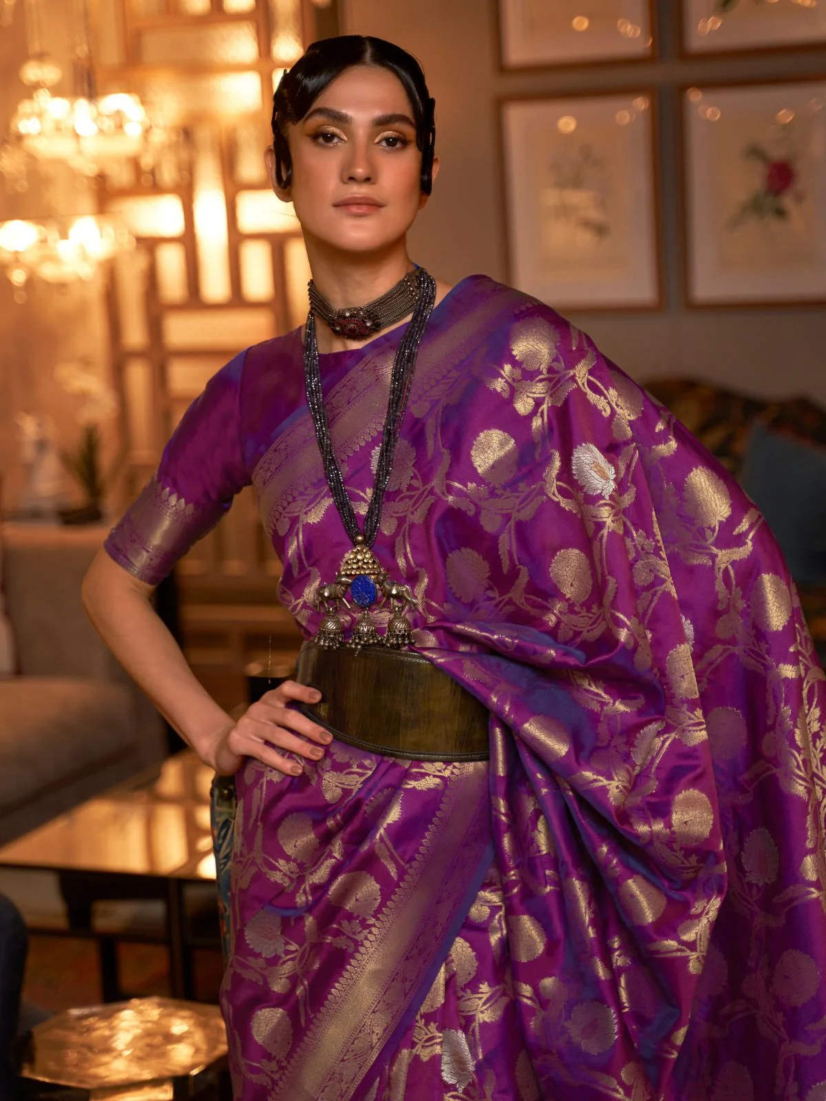 Odette Purple Woven Design Silk Blend Saree With Unstitched Blouse For Women - Image 2