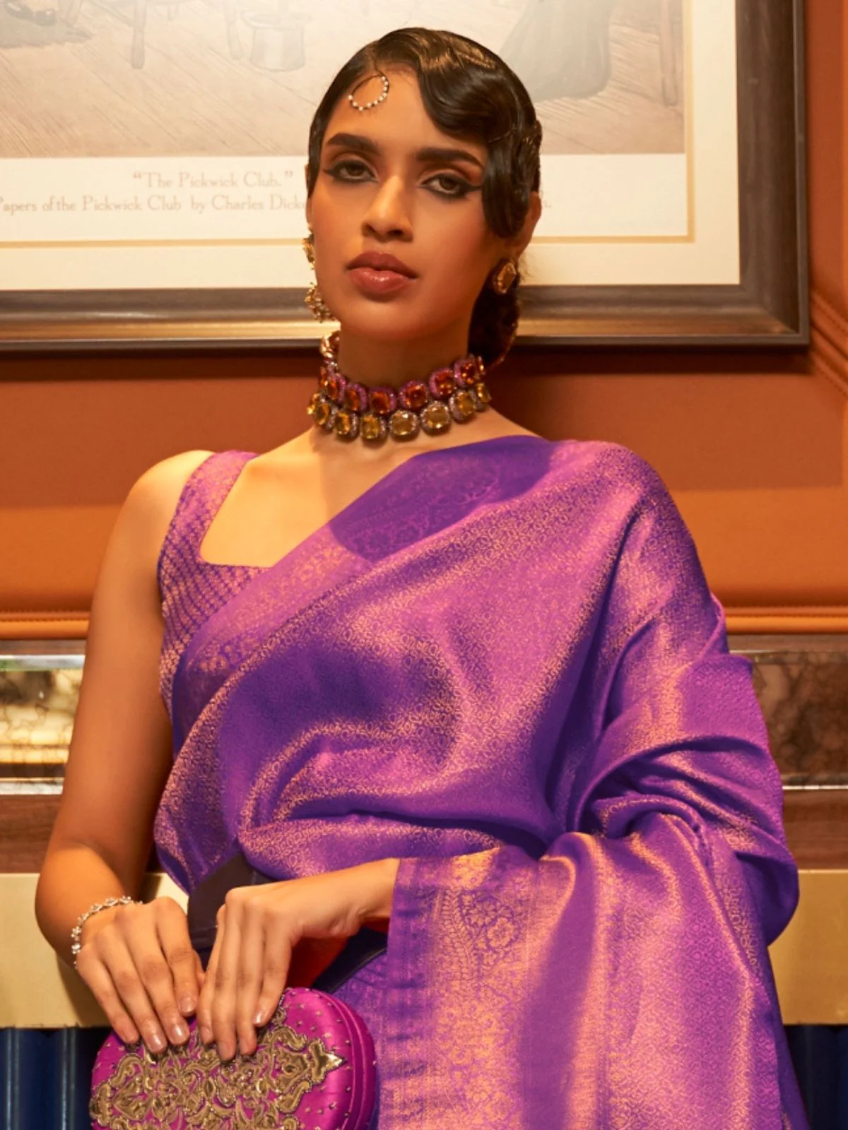 Odette Purple Woven Design Silk Blend Saree With Unstitched Blouse For Women - Image 3