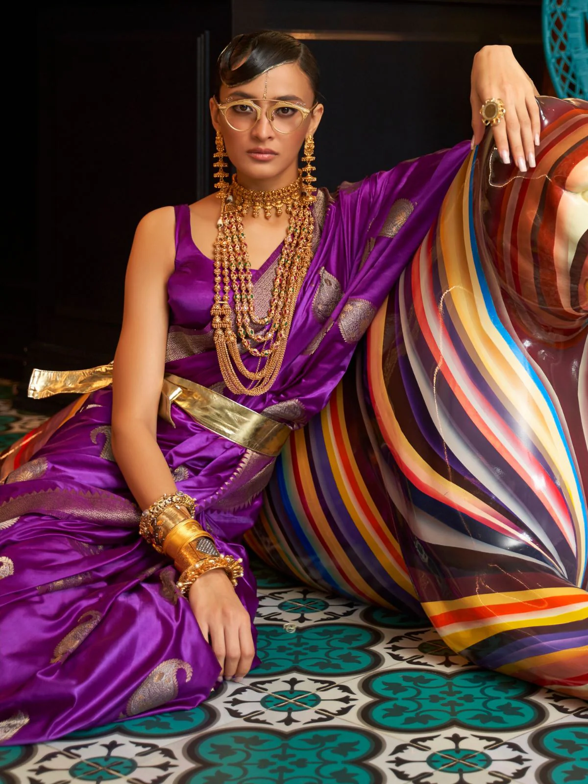 Odette Purple Woven Design Silk Blend Saree With Unstitched Blouse For Women - Image 3