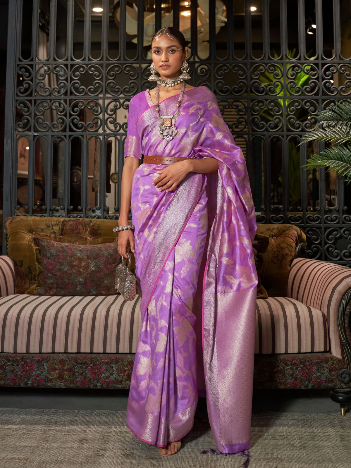 Odette Purple Woven Design Silk Blend Saree With Unstitched Blouse For Women