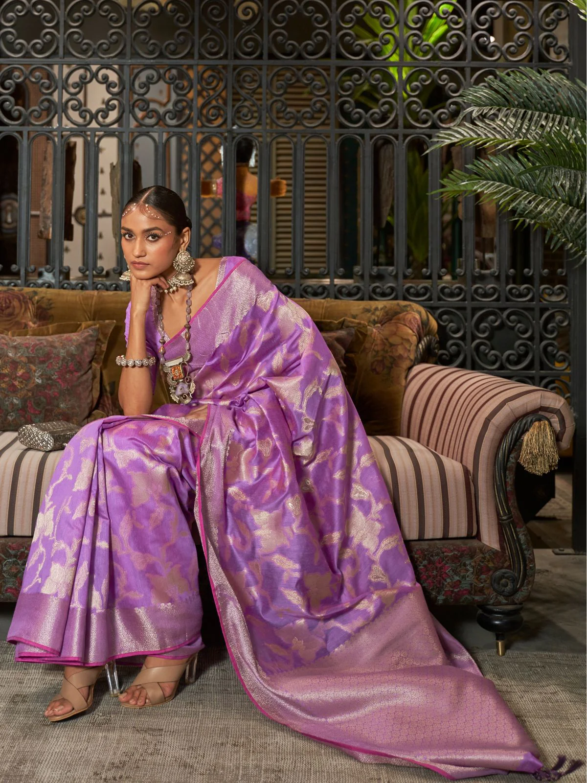 Odette Purple Woven Design Silk Blend Saree With Unstitched Blouse For Women - Image 2