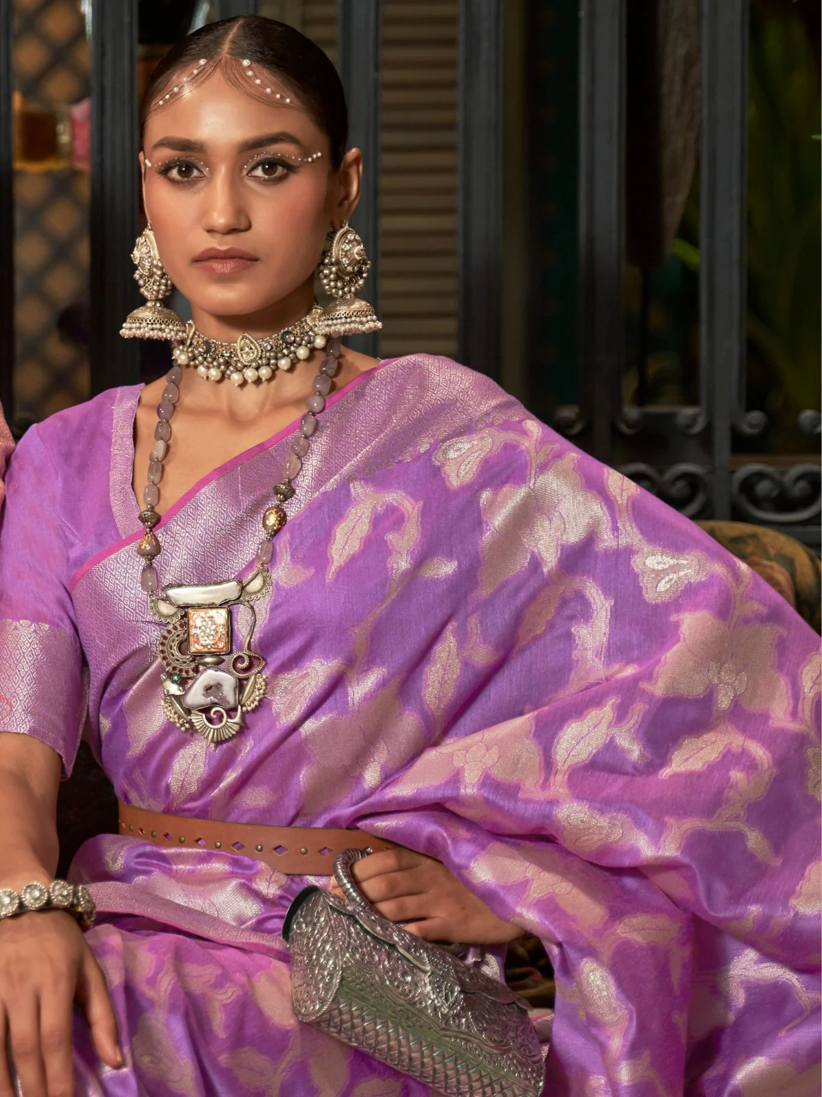 Odette Purple Woven Design Silk Blend Saree With Unstitched Blouse For Women - Image 3