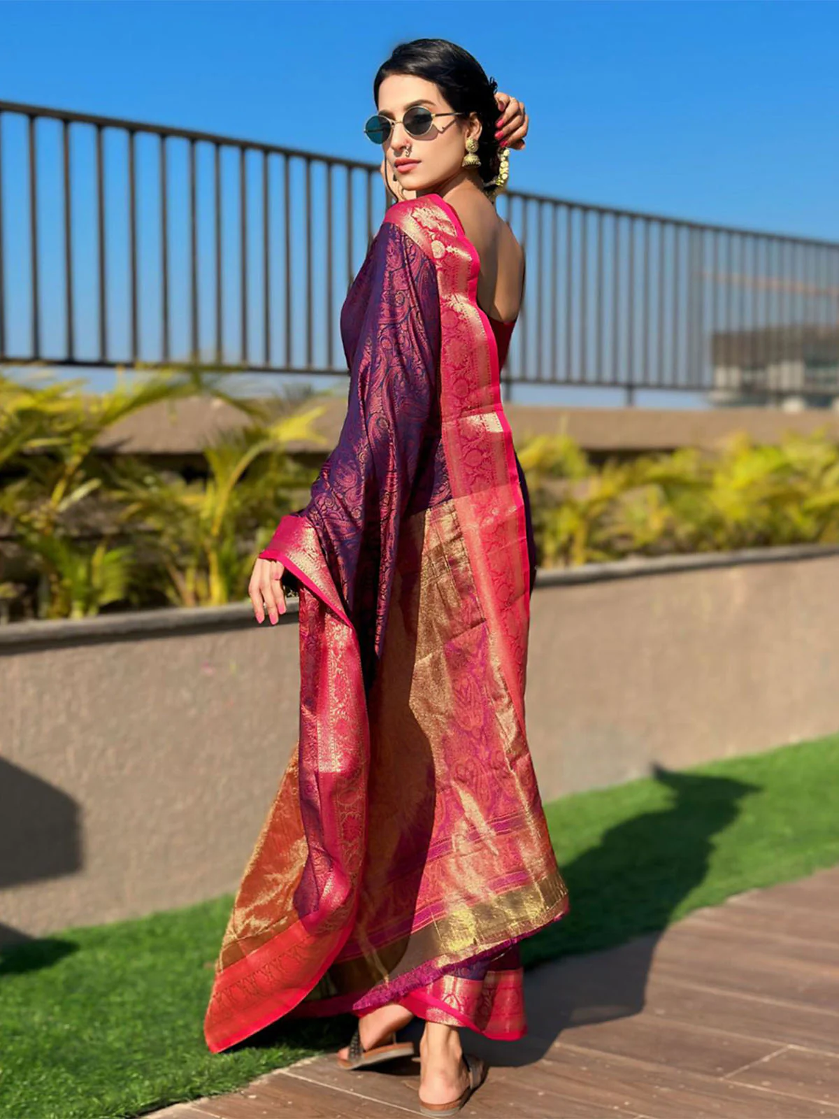Odette Purple Woven Design Silk Blend Saree With Unstitched Blouse For Women - Image 3