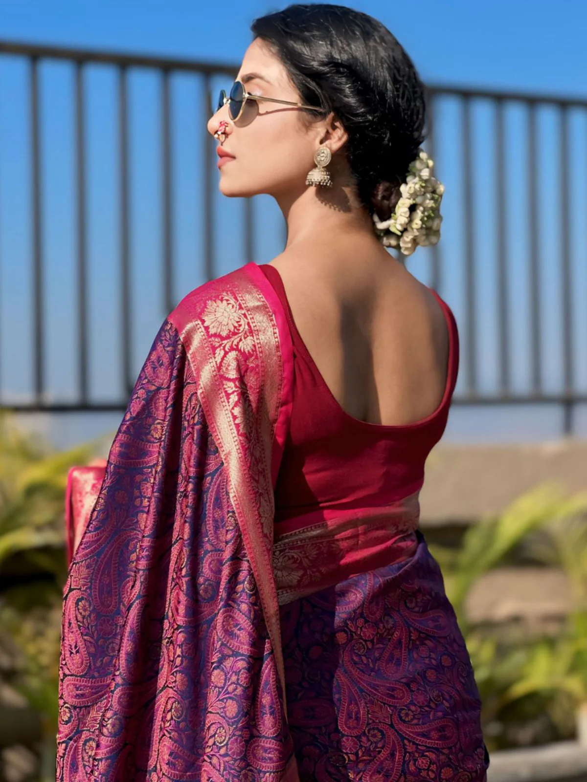 Odette Purple Woven Design Silk Blend Saree With Unstitched Blouse For Women - Image 5