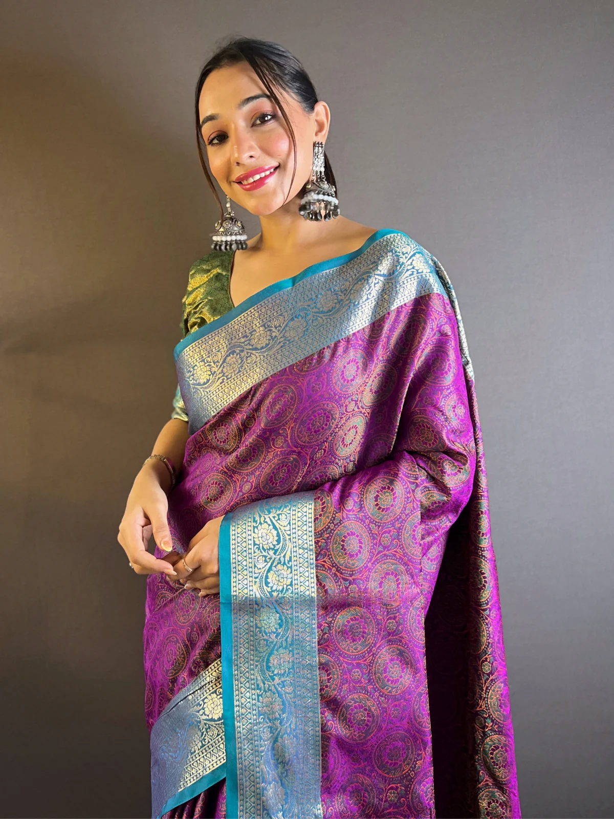 Odette Purple Woven Design Silk Blend Saree With Unstitched Blouse For Women - Image 3