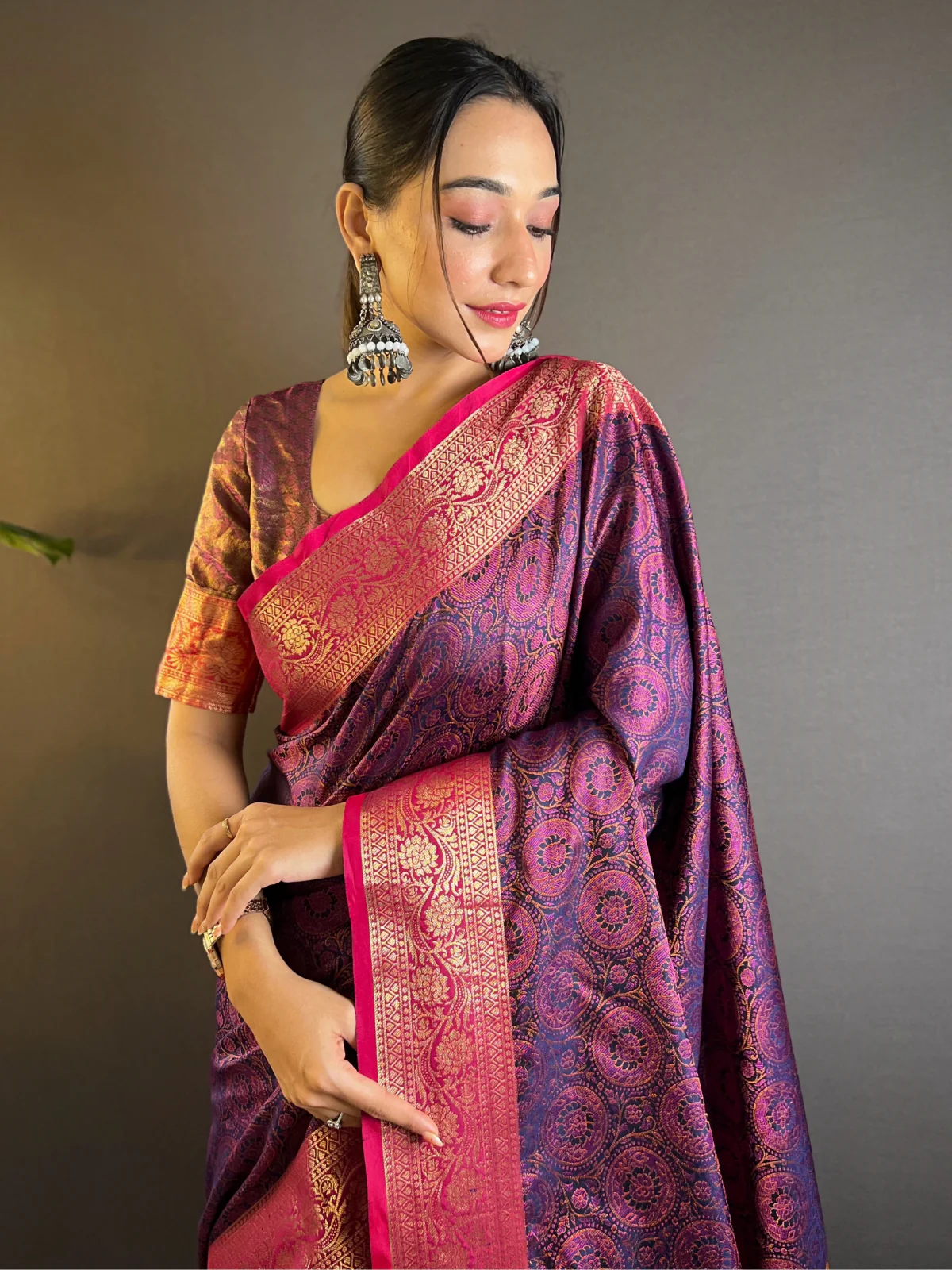 Odette Purple Woven Design Silk Blend Saree With Unstitched Blouse For Women - Image 3
