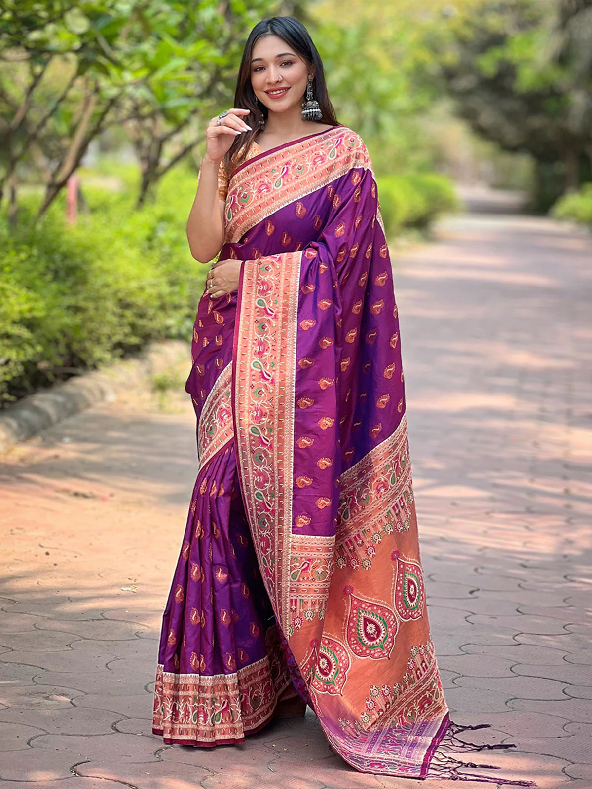 Odette Purple Woven Design Silk Blend Saree With Unstitched Blouse For Women